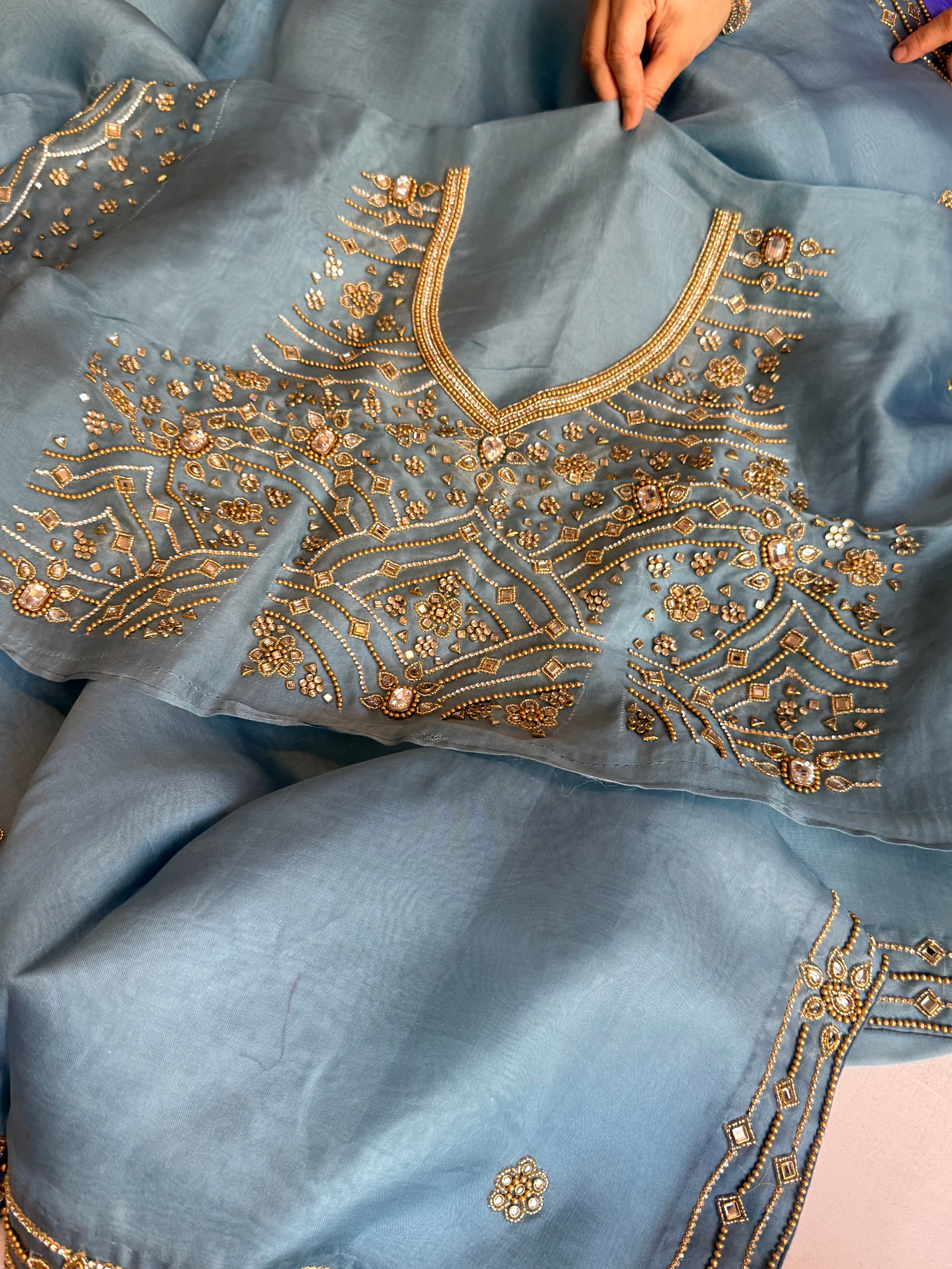 Banarasi icey blue kora silk polki hand embroidered kadhwa saree