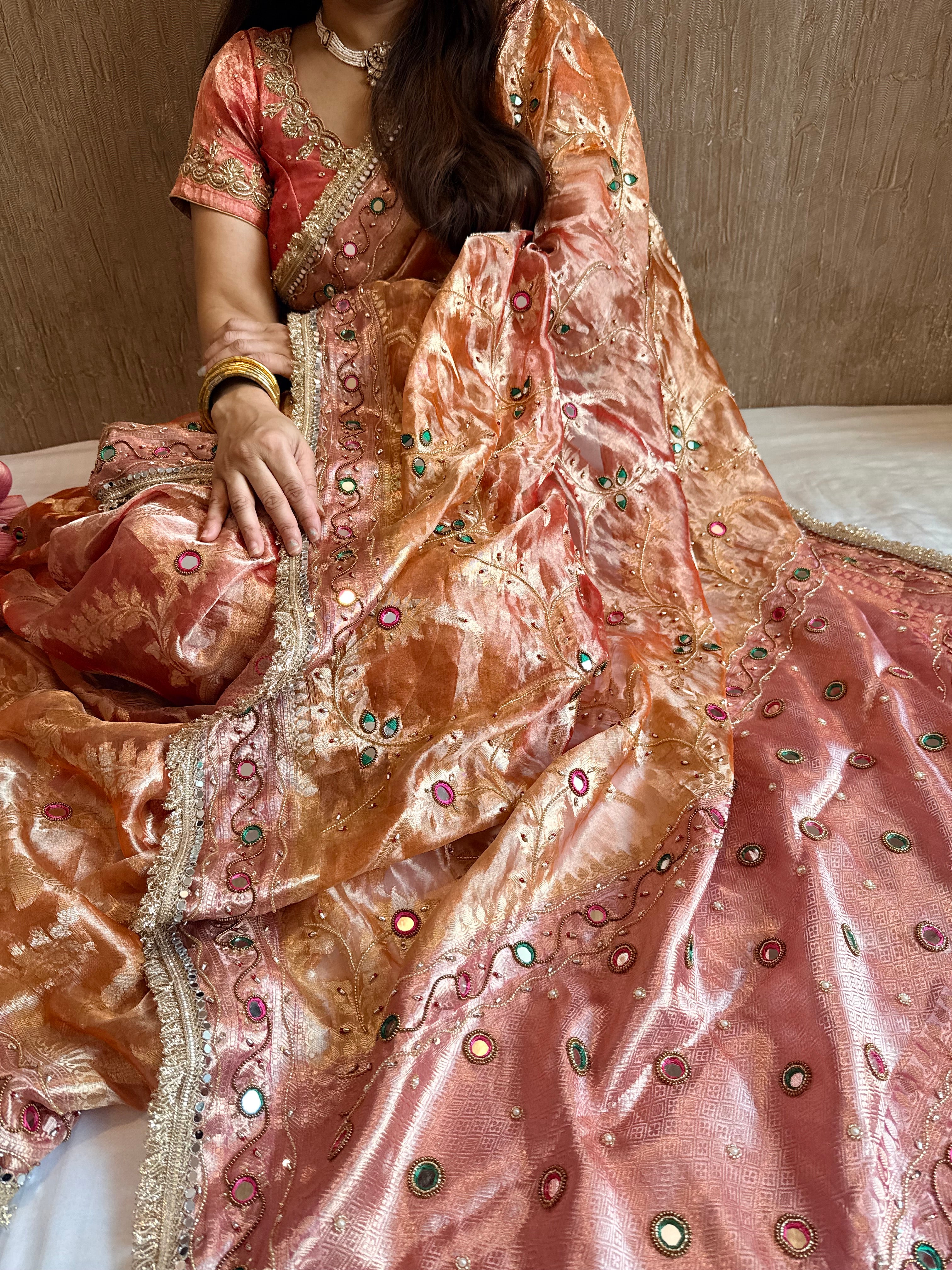 Kumkum edit tissue silk jaalwork hand embroidered saree