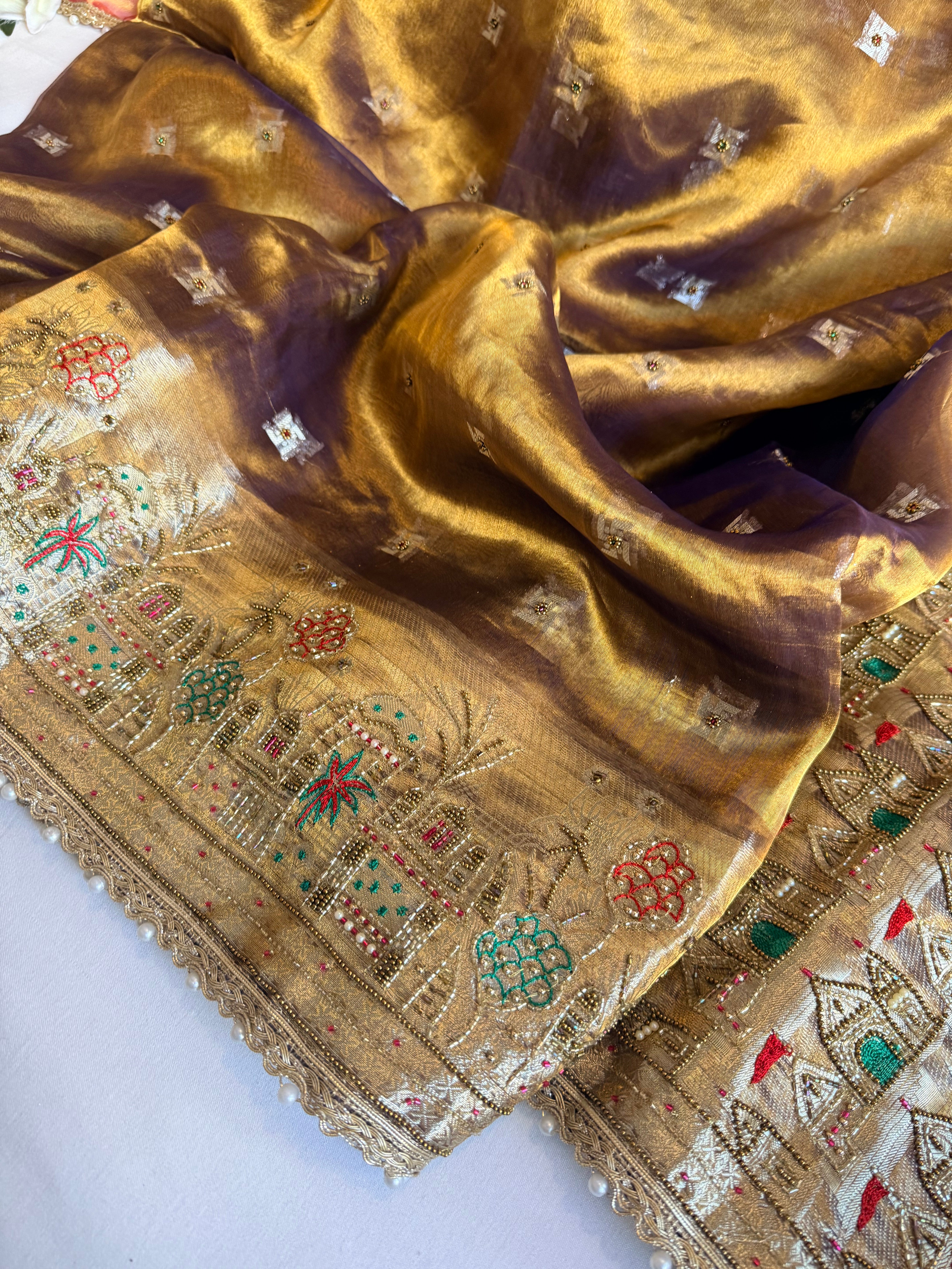 Ganga-darshan edit - Tissue silk kanjivaram blue hand embroidered kadhwa saree