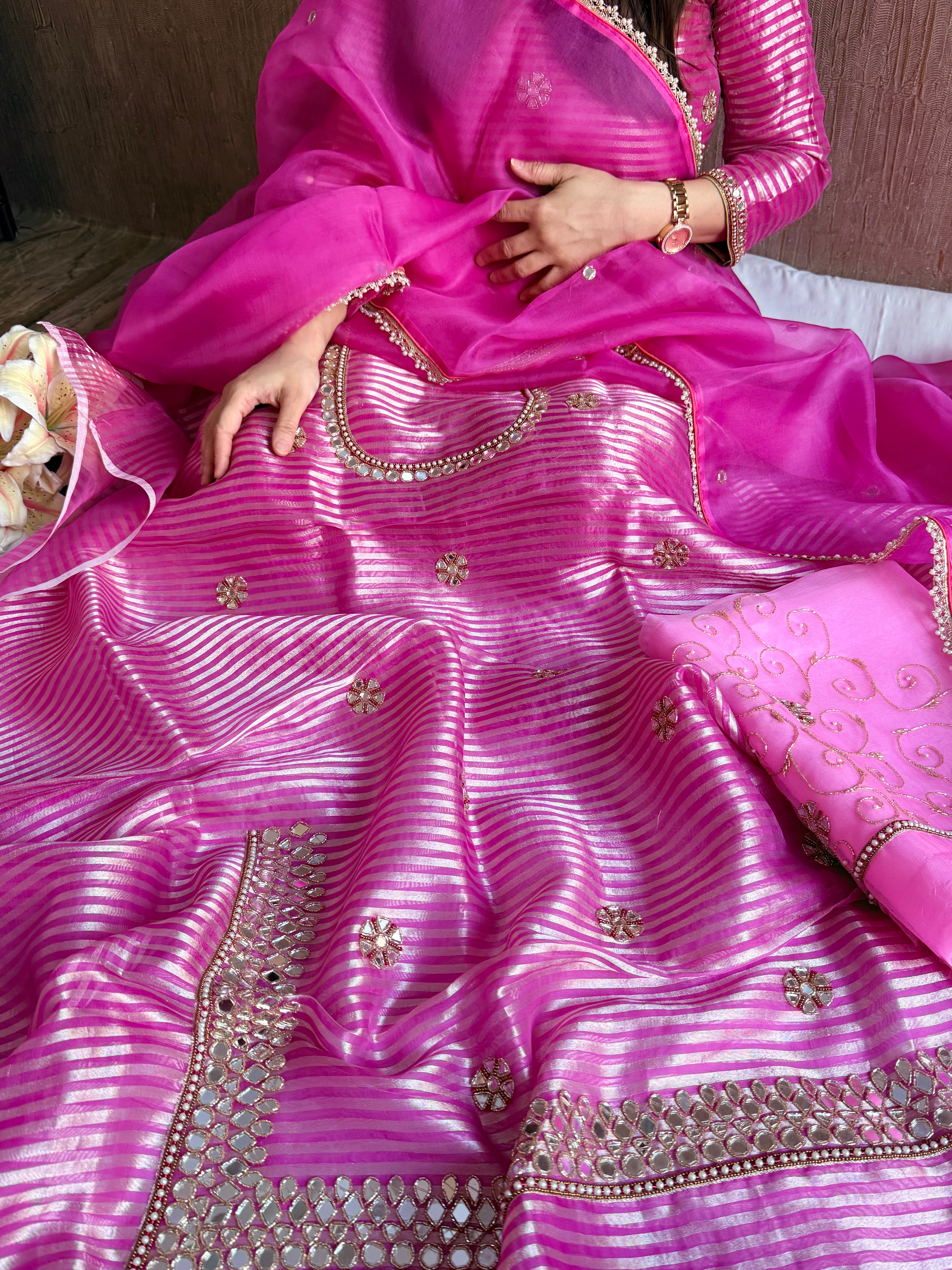Kora silk silver zari striped mirror work edit hand embroidered kadhwa suit set