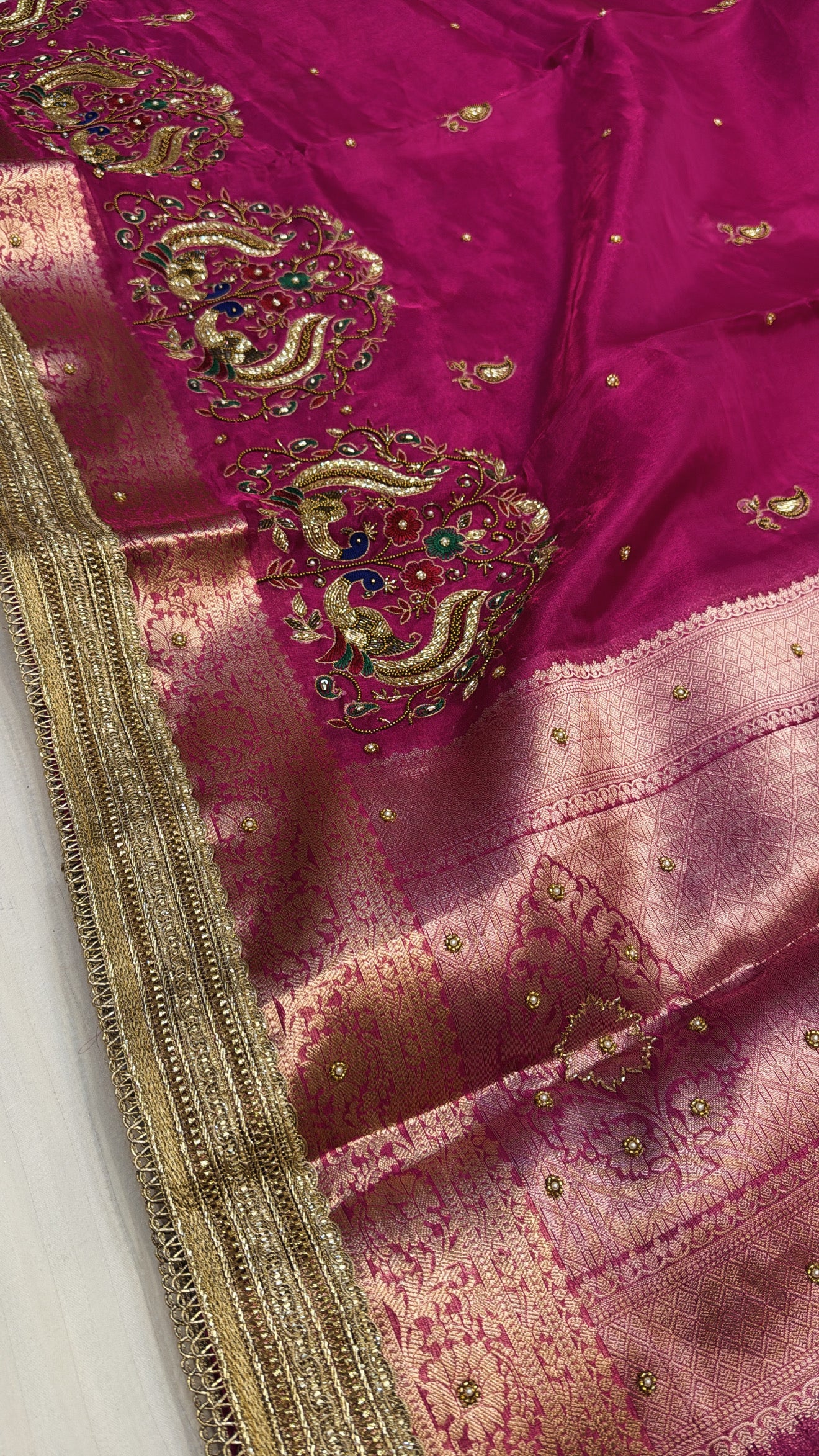 Pink special - Husn hot pink tissue silk peacock motif hand embroidered saree
