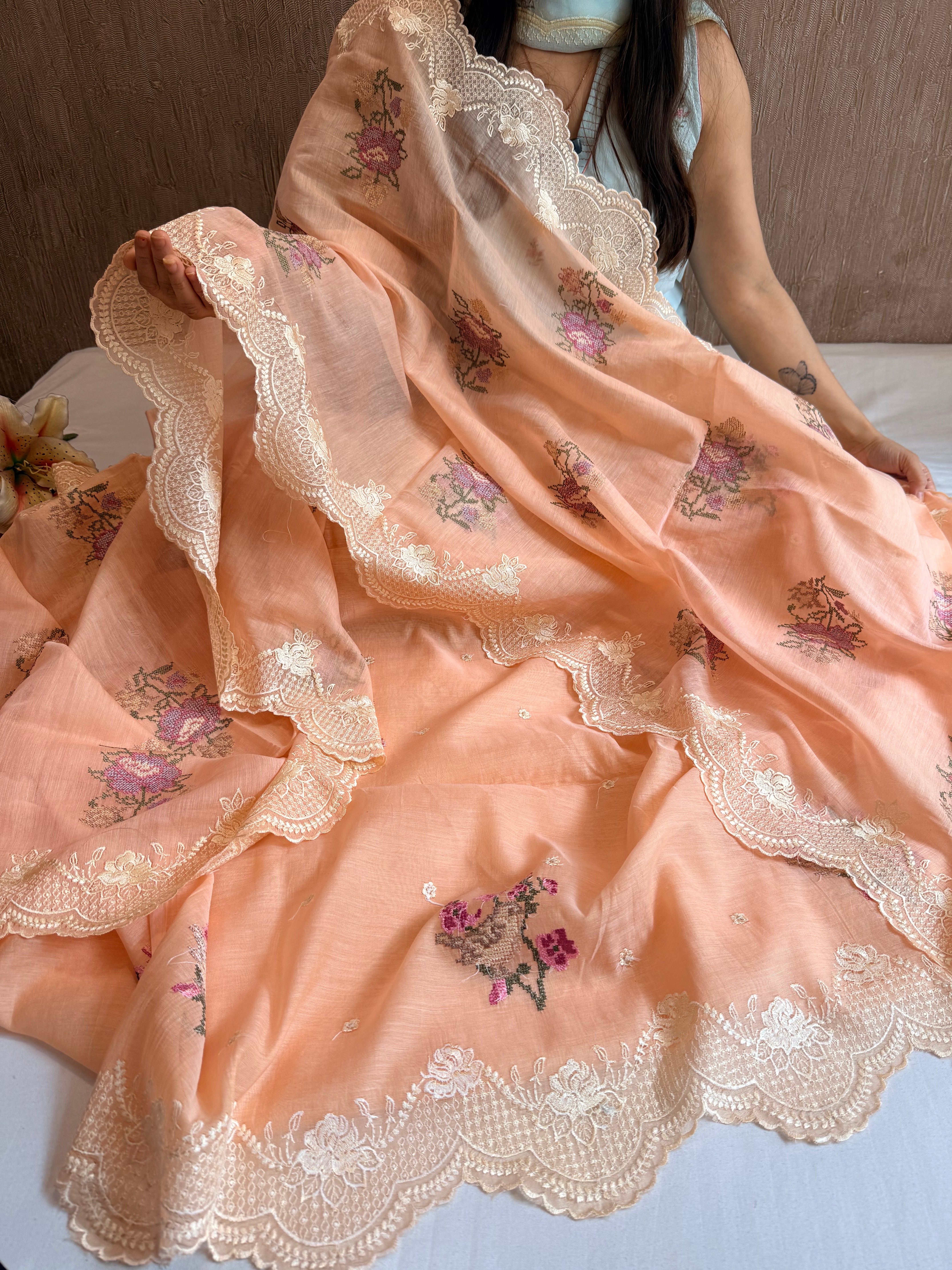 Blush peach cross-stitch hand embroidered resham work suit set