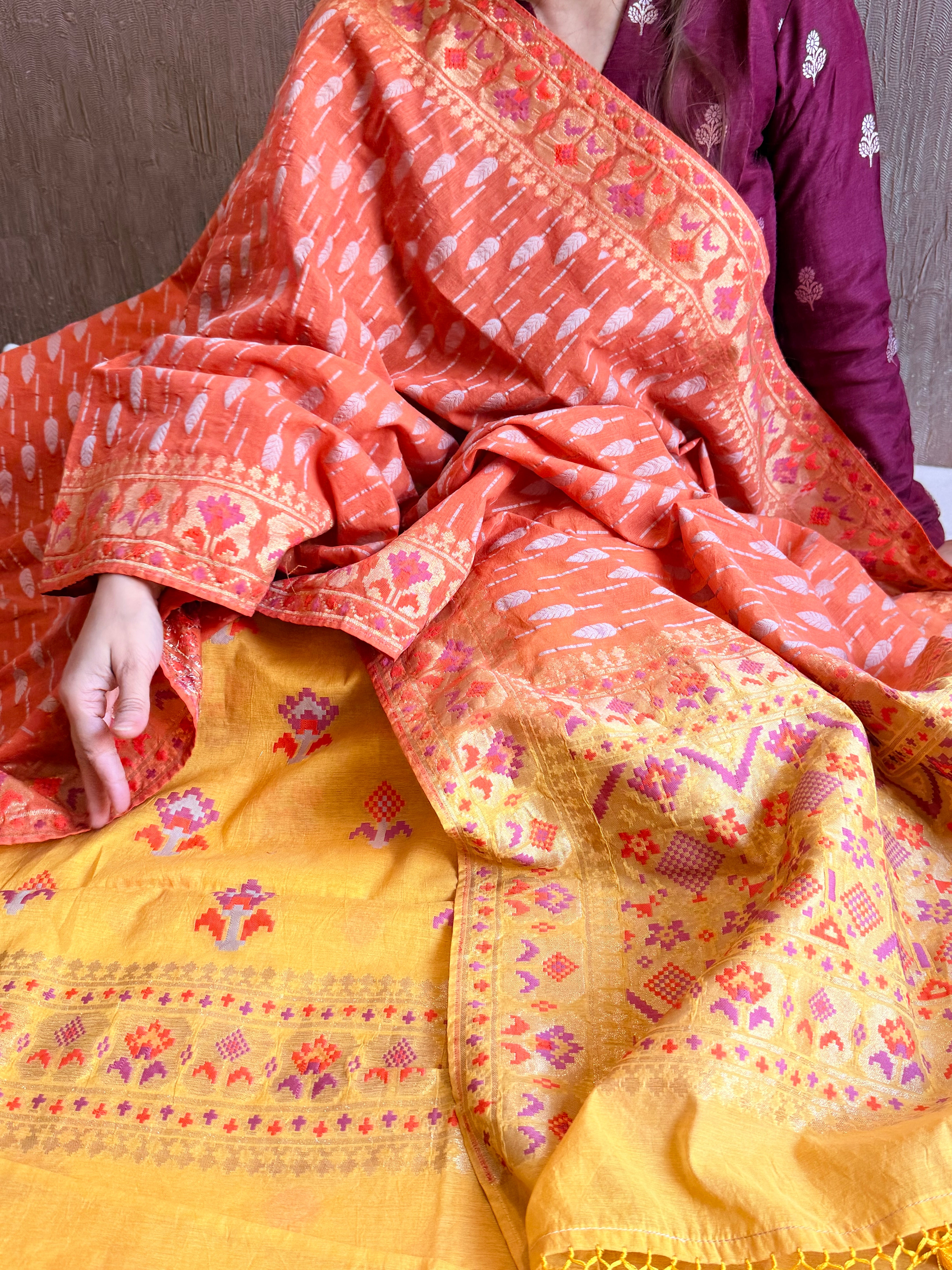 Mul cotton banarasi kadhwa buti haldi yellow - orange suit set
