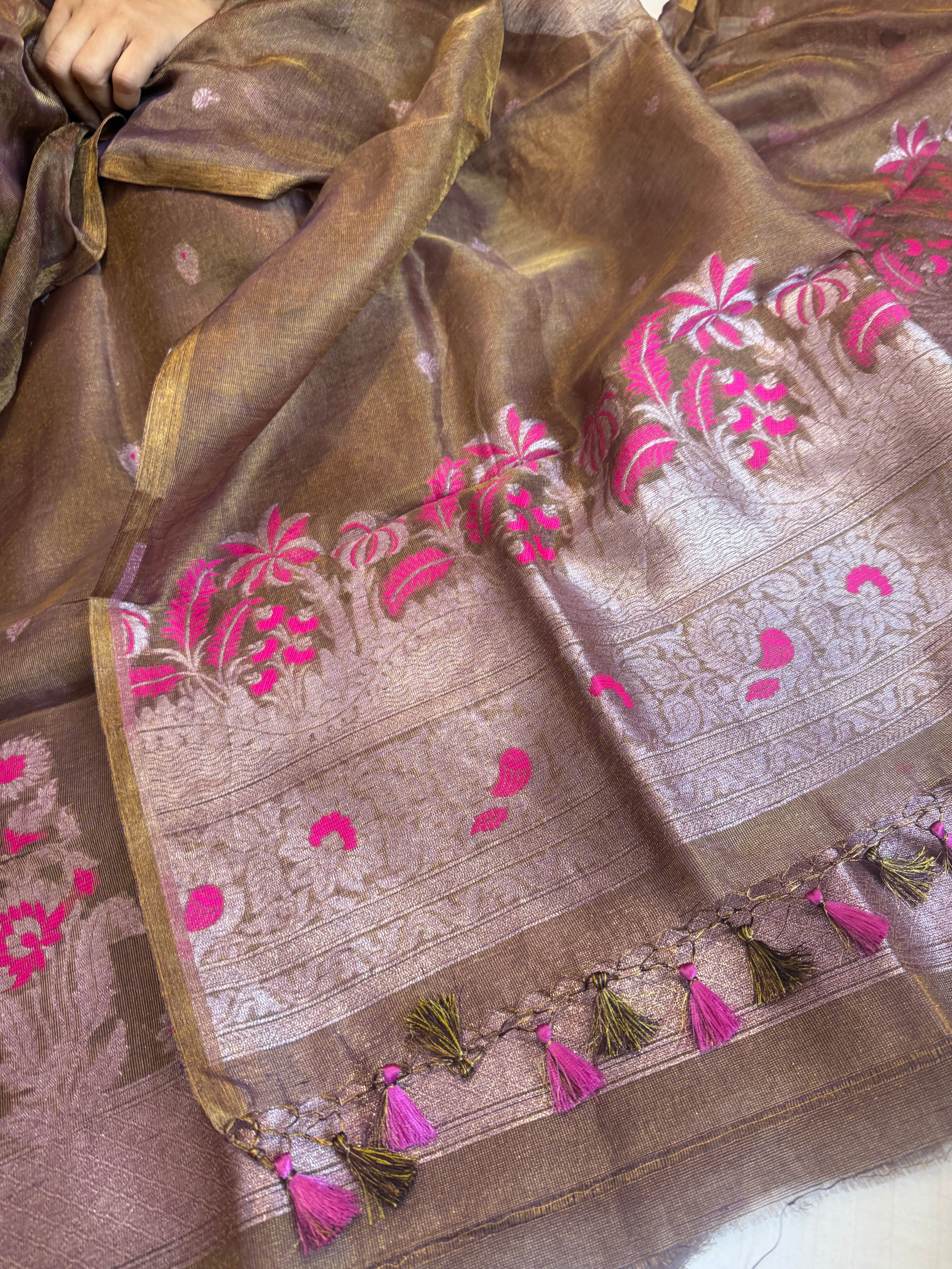 Linen tissue golden brown meenakari kadhwa suit sets