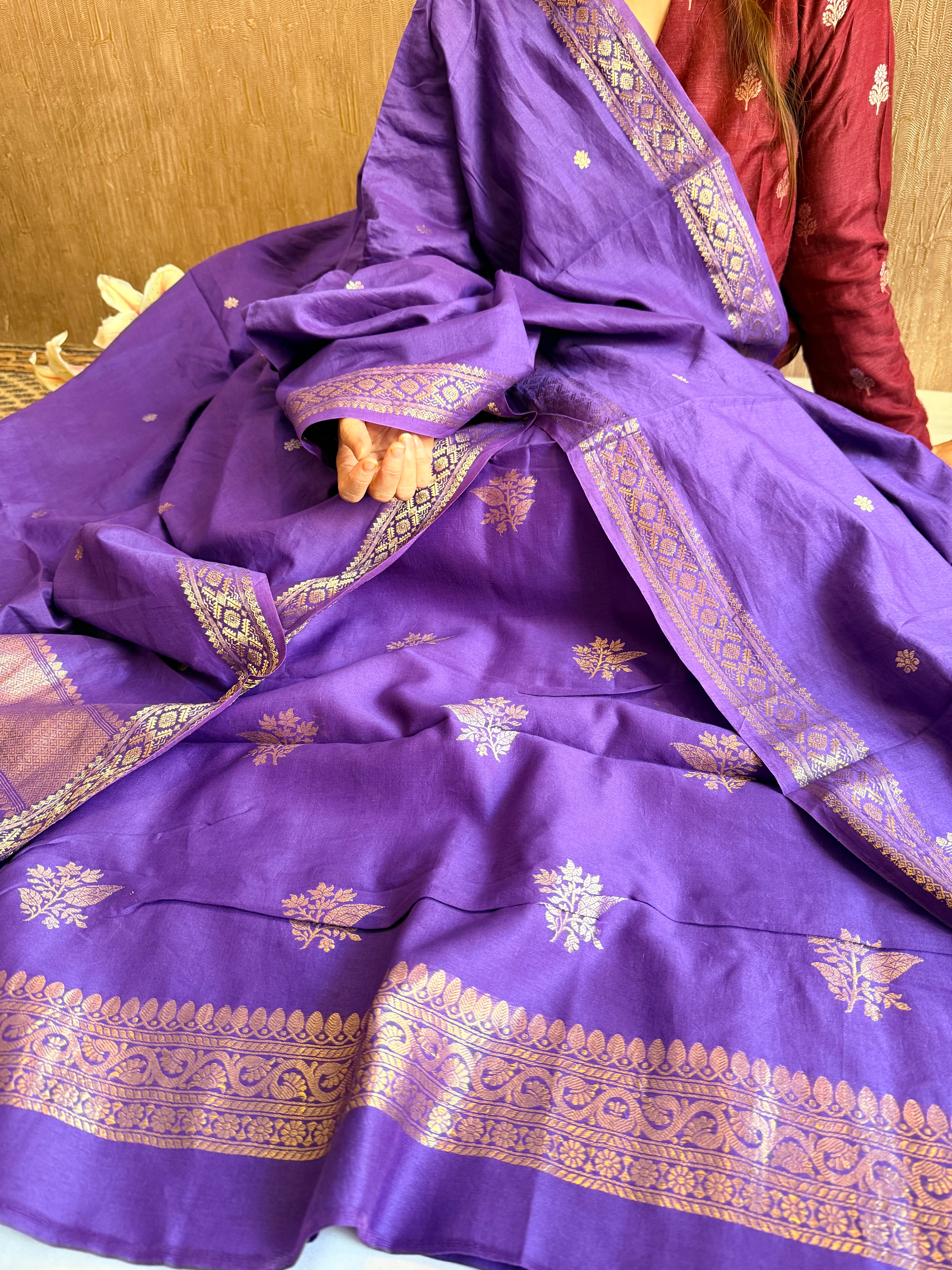 Mul cotton banarasi kadhwa buti deep purple suit set