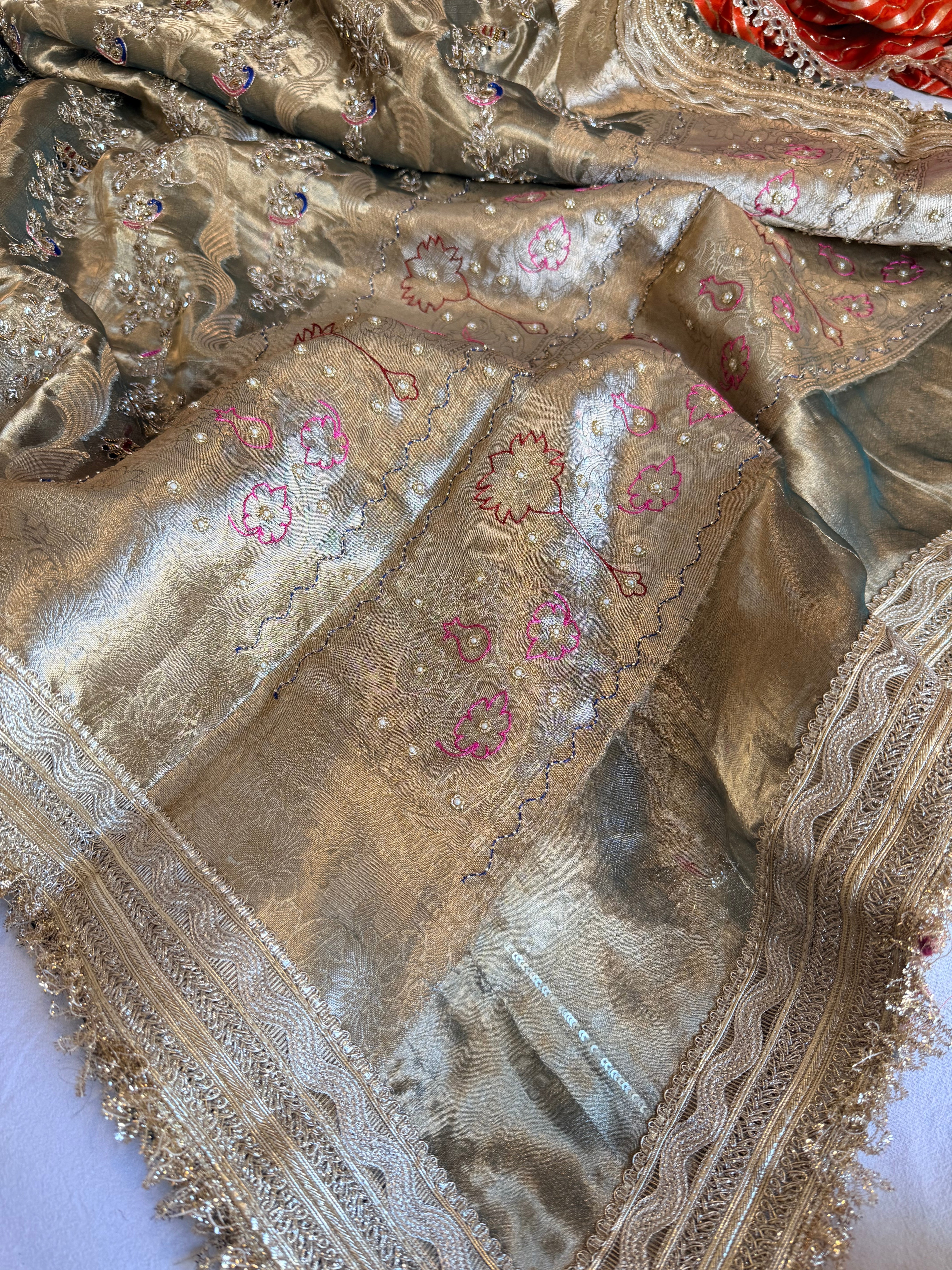 Mint green tissue silk kadhwa hand embroidered shikargah saree