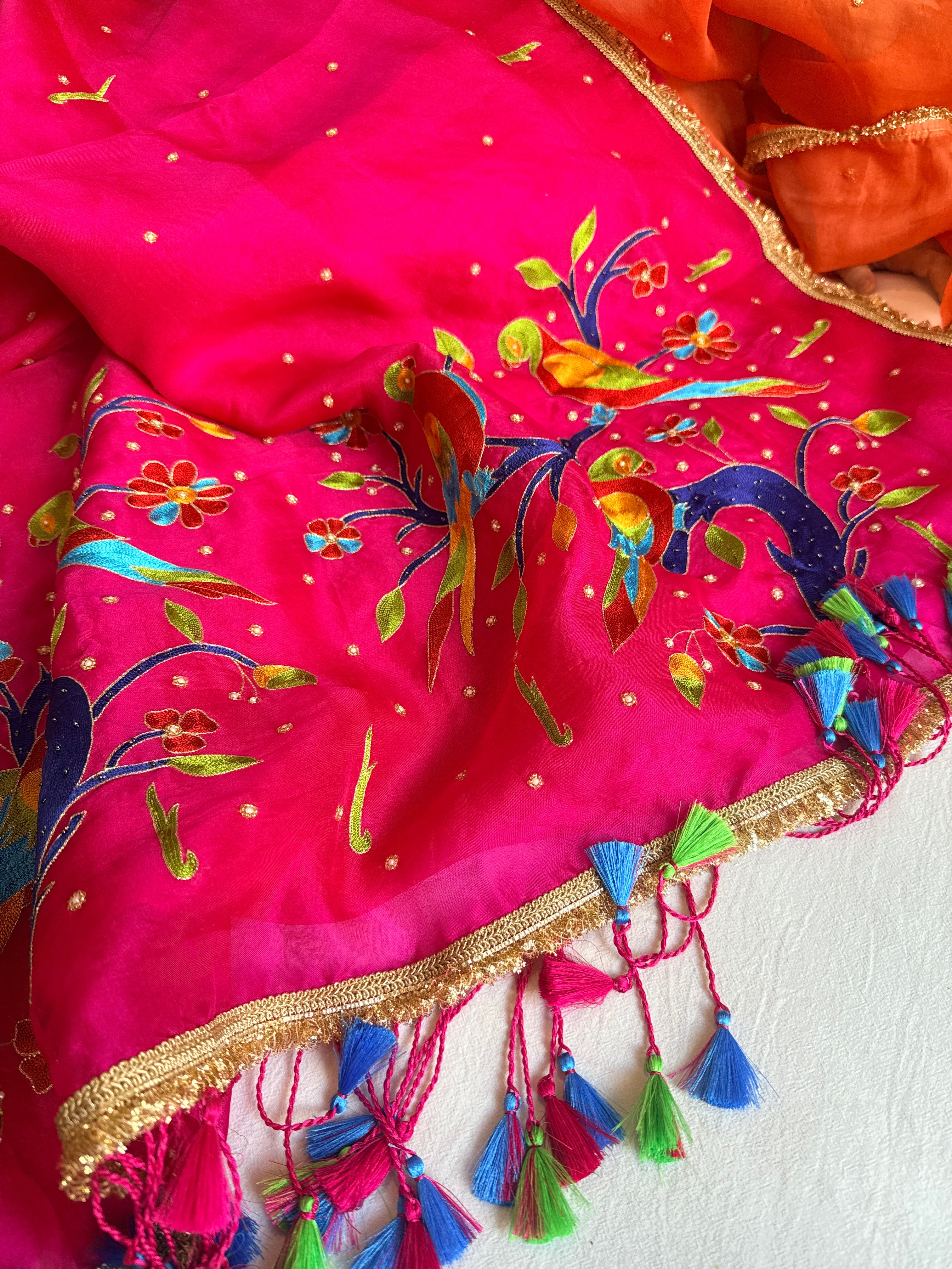 Rani pink kora silk paithani weaving hand embroidered kadhwa saree