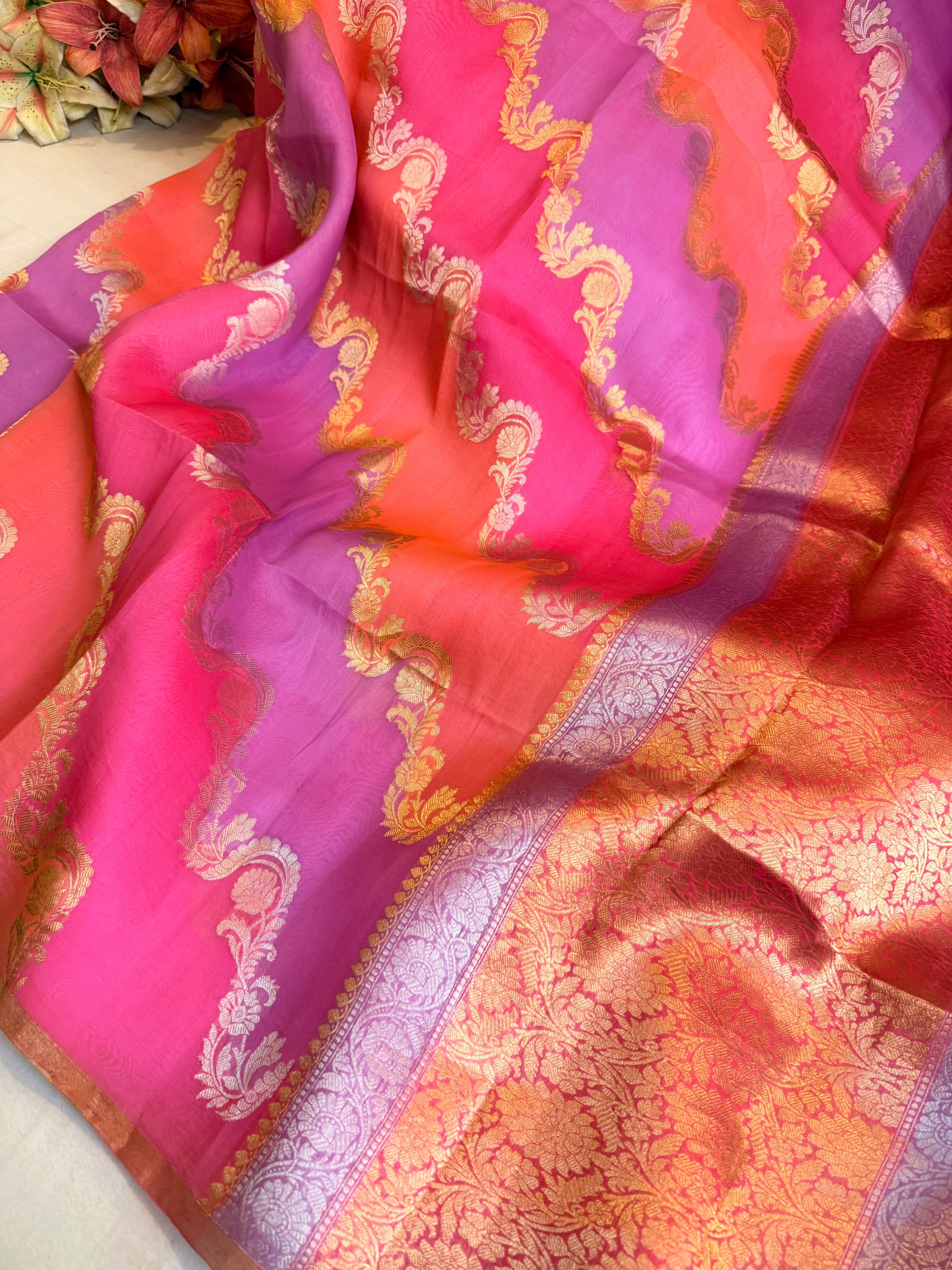 Kora silk rangkaat weaving rainbow dyed jaalwork kadhwa saree