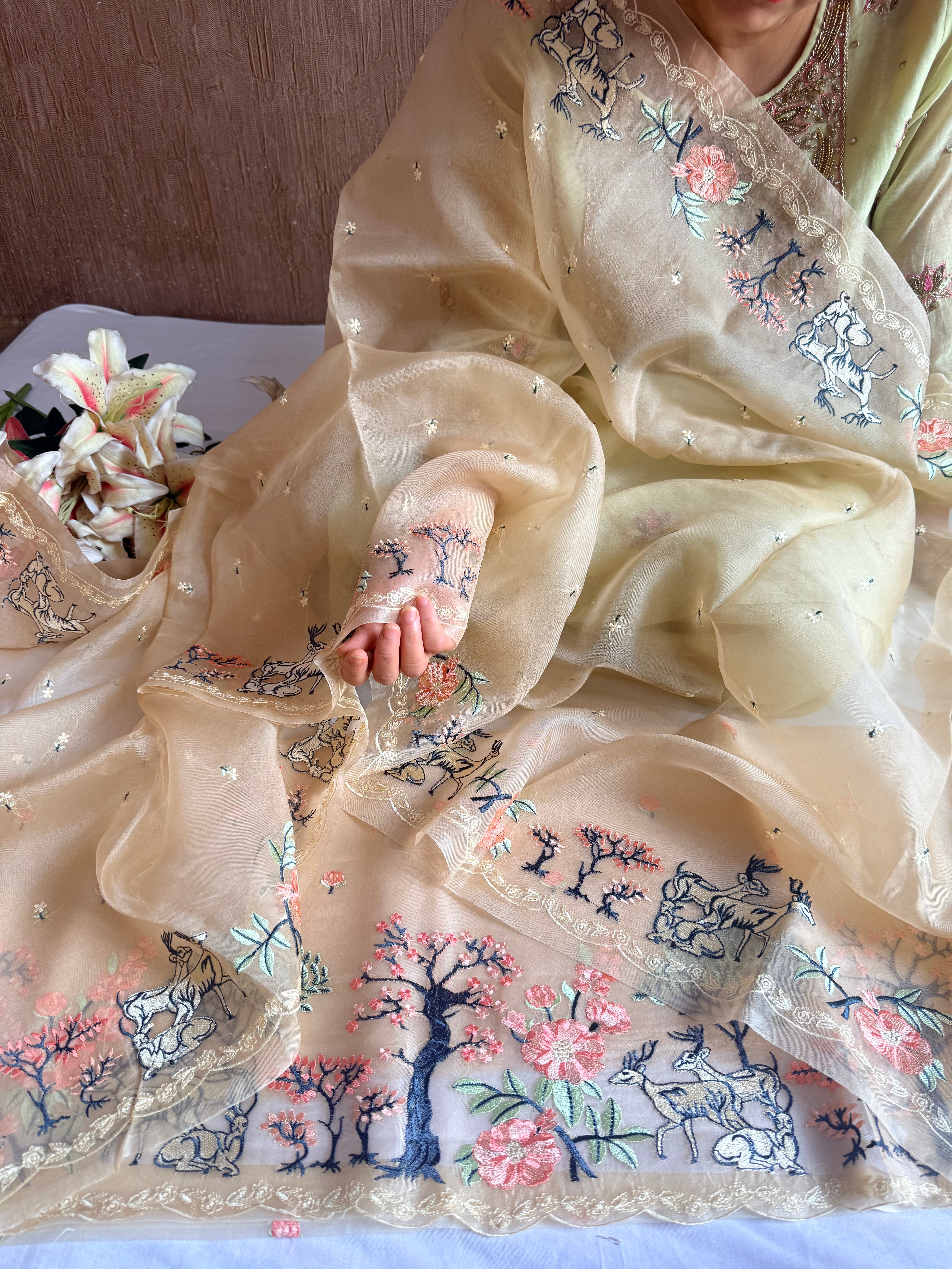 Parsigara kora silk bagh motif hand embroidered suit sets