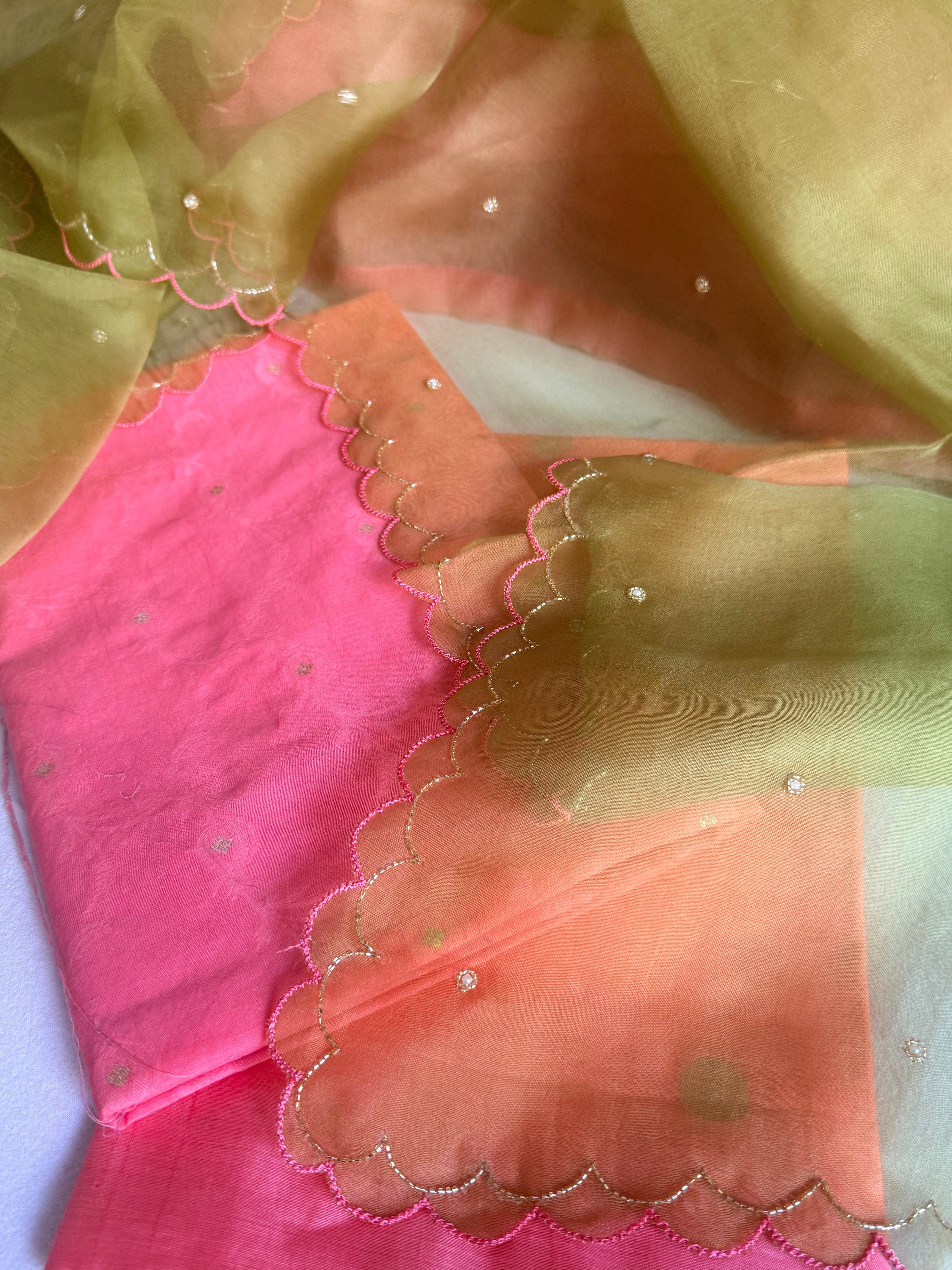 Summer suits under 8k - Mul cotton pink kurta paired with kora silk scalloped green duppata set