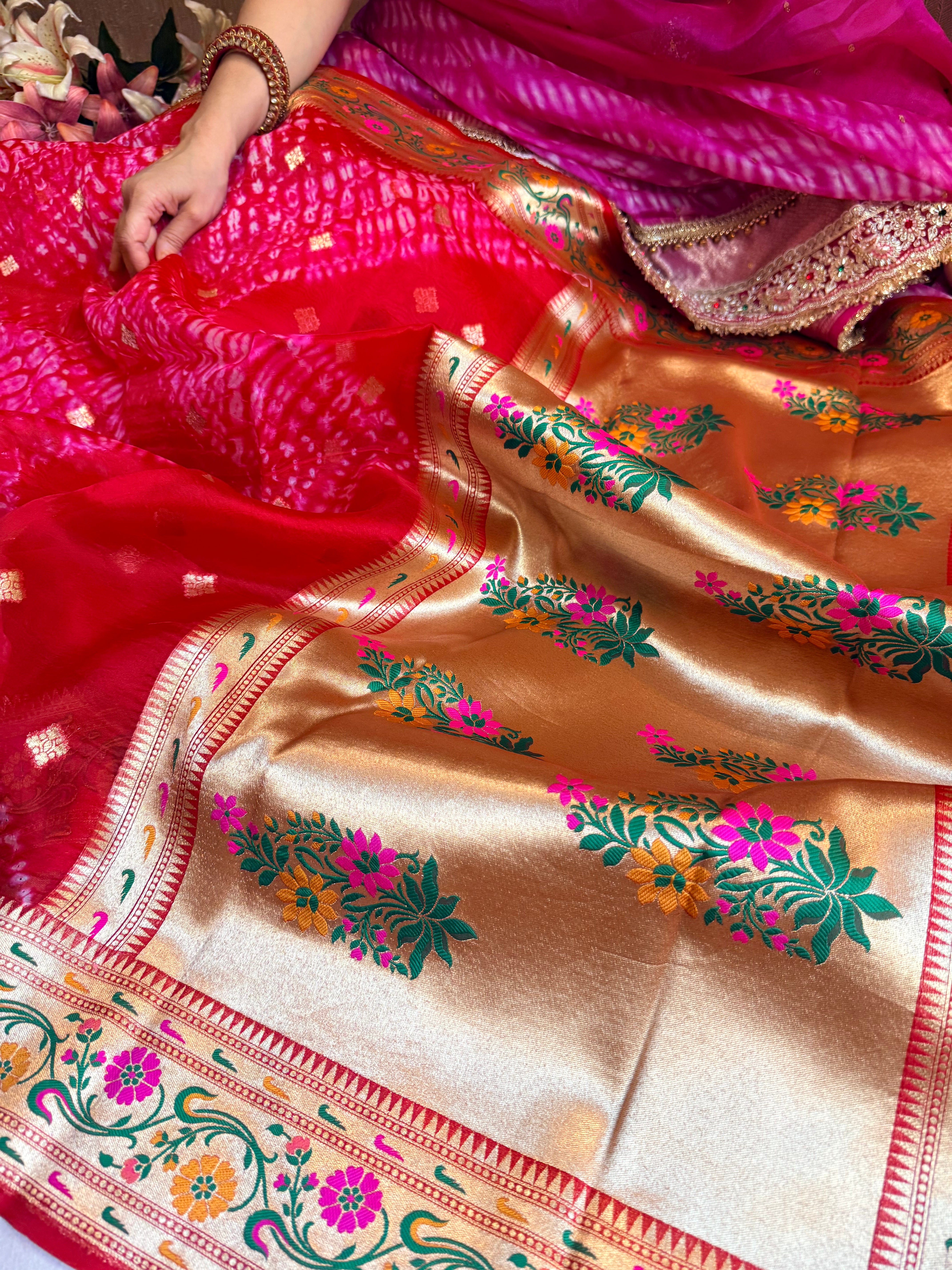 Cranberry Kora silk paithani meenakari arshi dye kadhwa saree