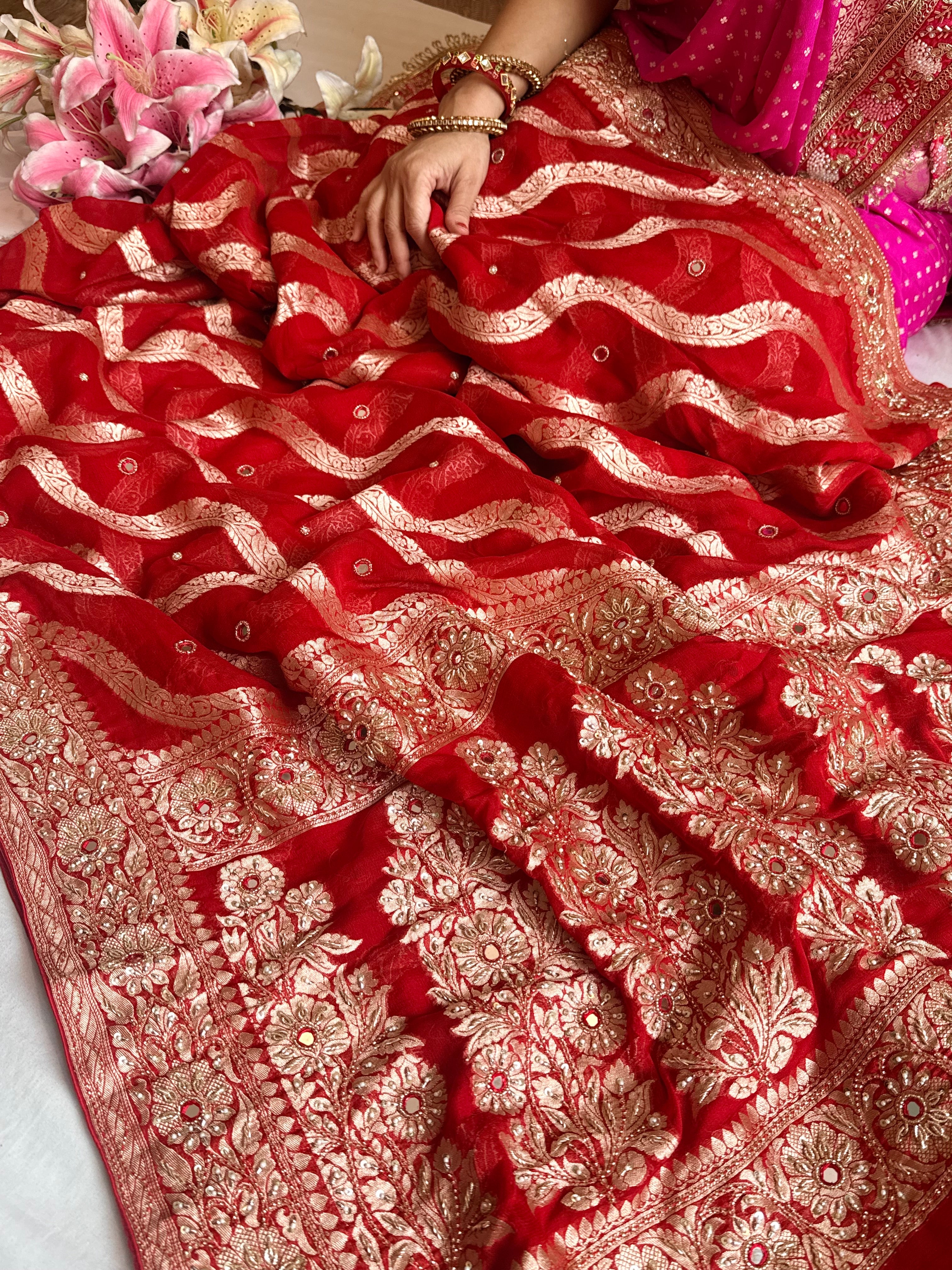 Bridal red chiffon gorgette hand embroidered kadhwa saree