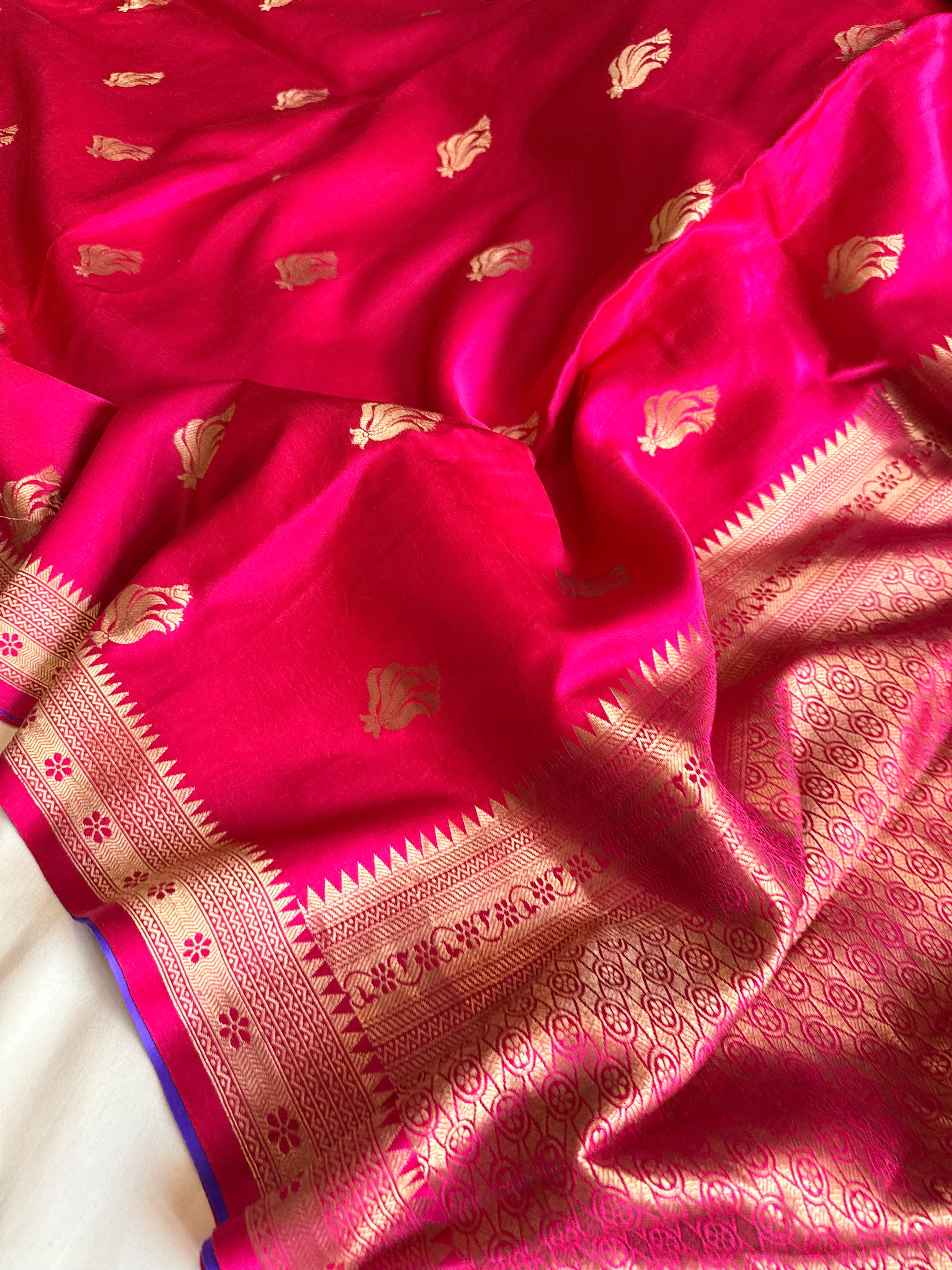 Hot pink banarasi mashru silk kadhwa buti saree