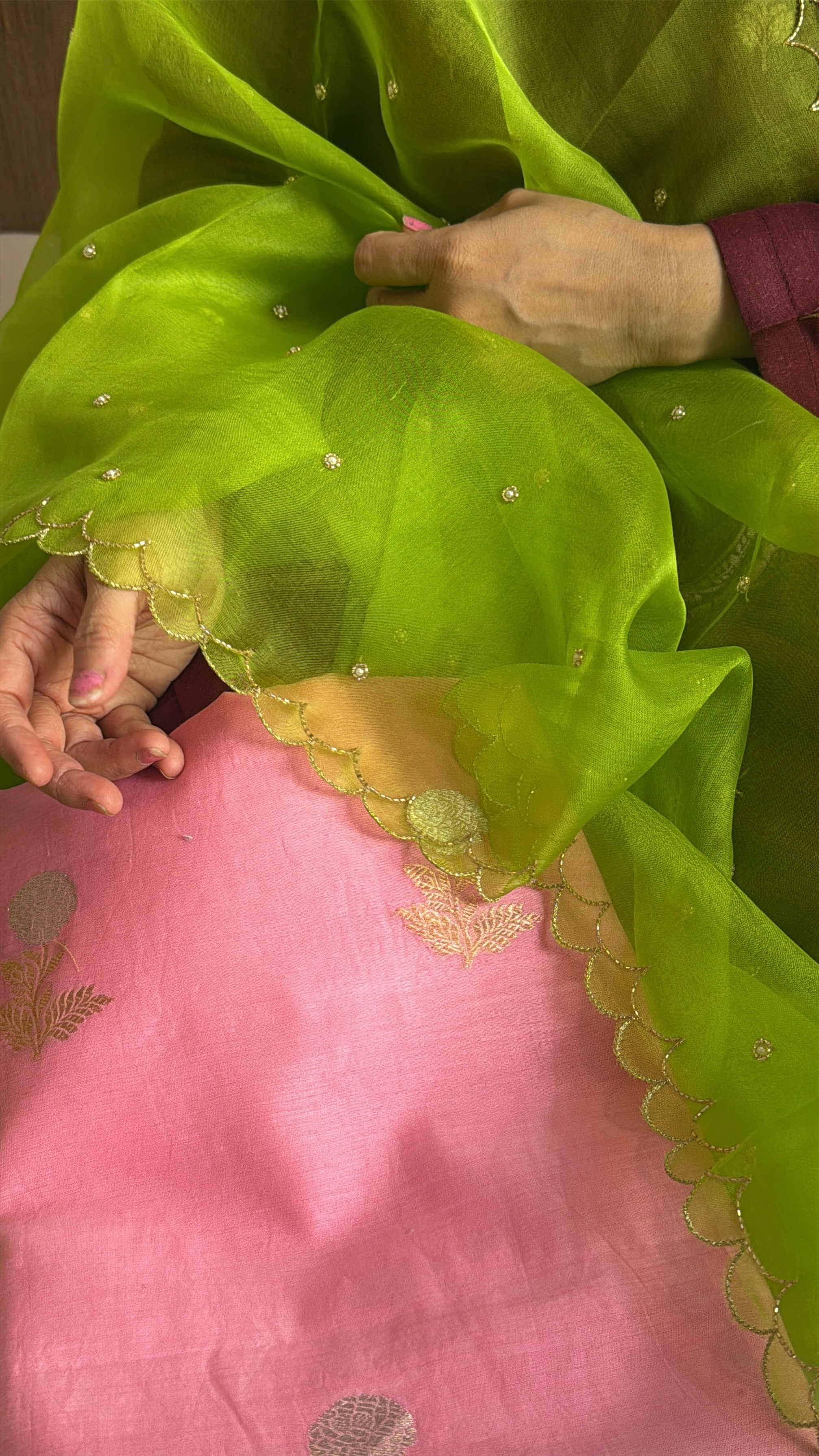 Handloom cotton sona rupa kurta paired with kora silk scalloped duppata set