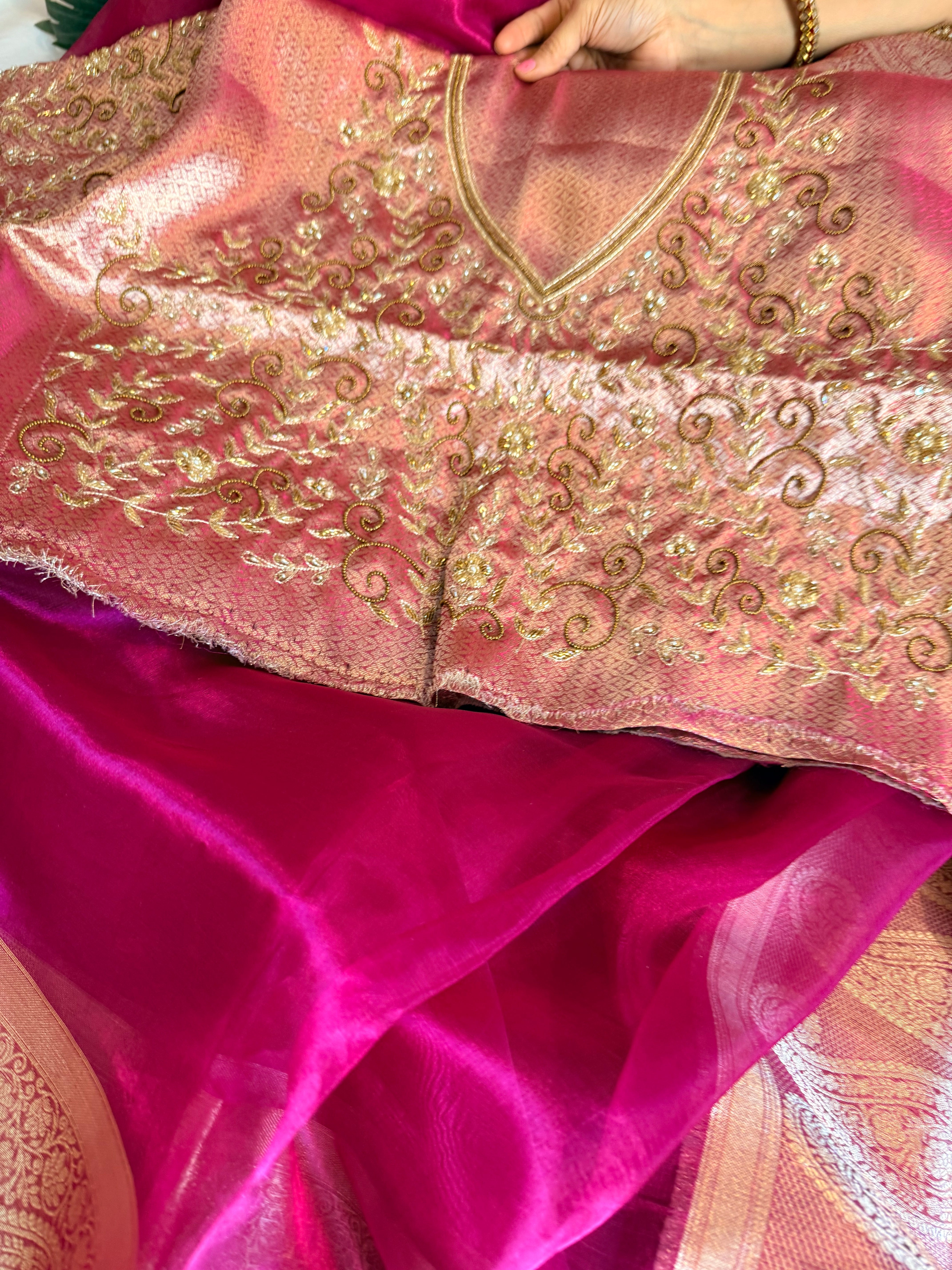 Metallic rani pink husn tissue silk hand embroidered saree with heavy blouss