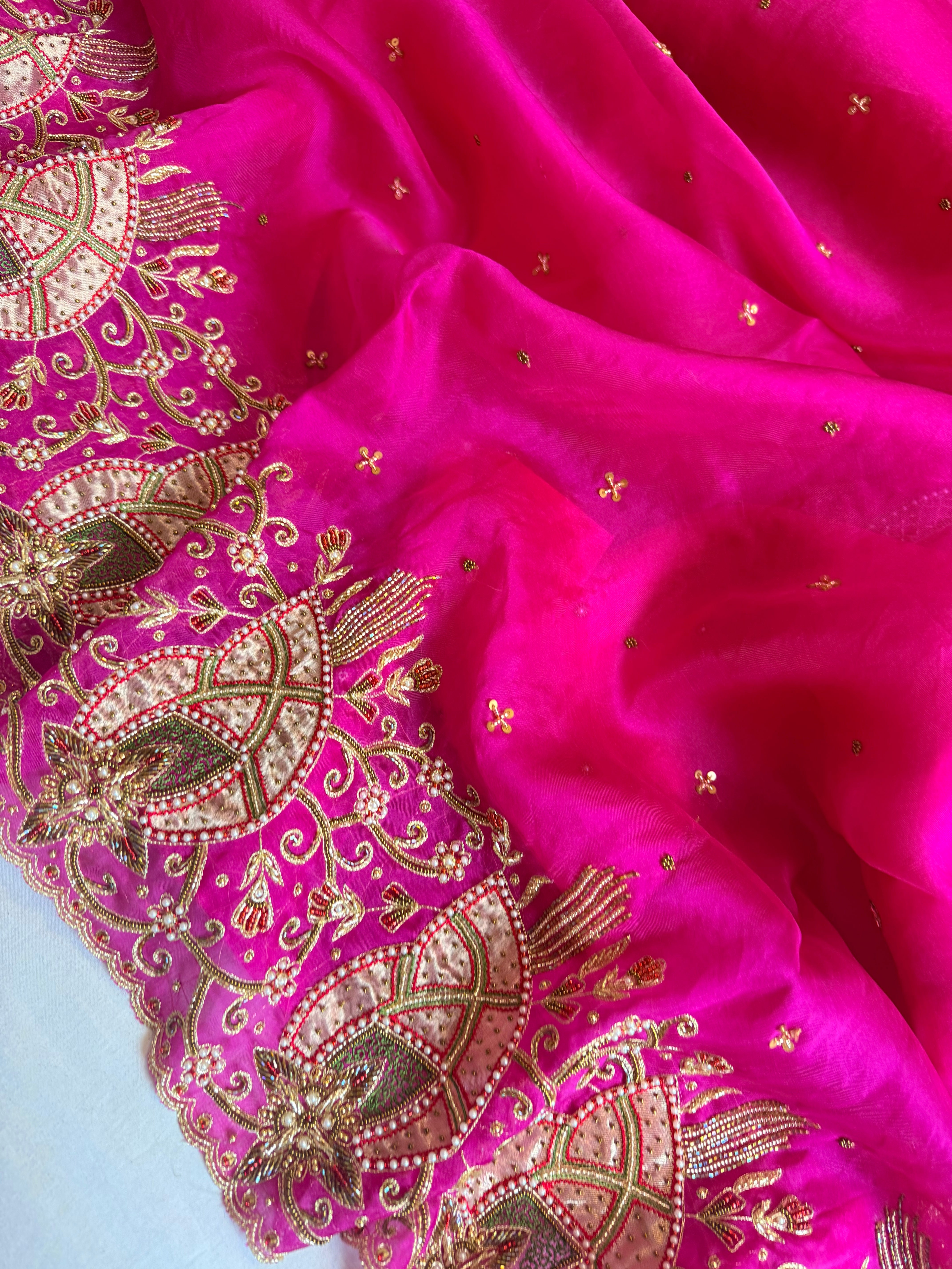 Gulab genda edit - Banarasi Kora silk hot pink hand embroidered saree