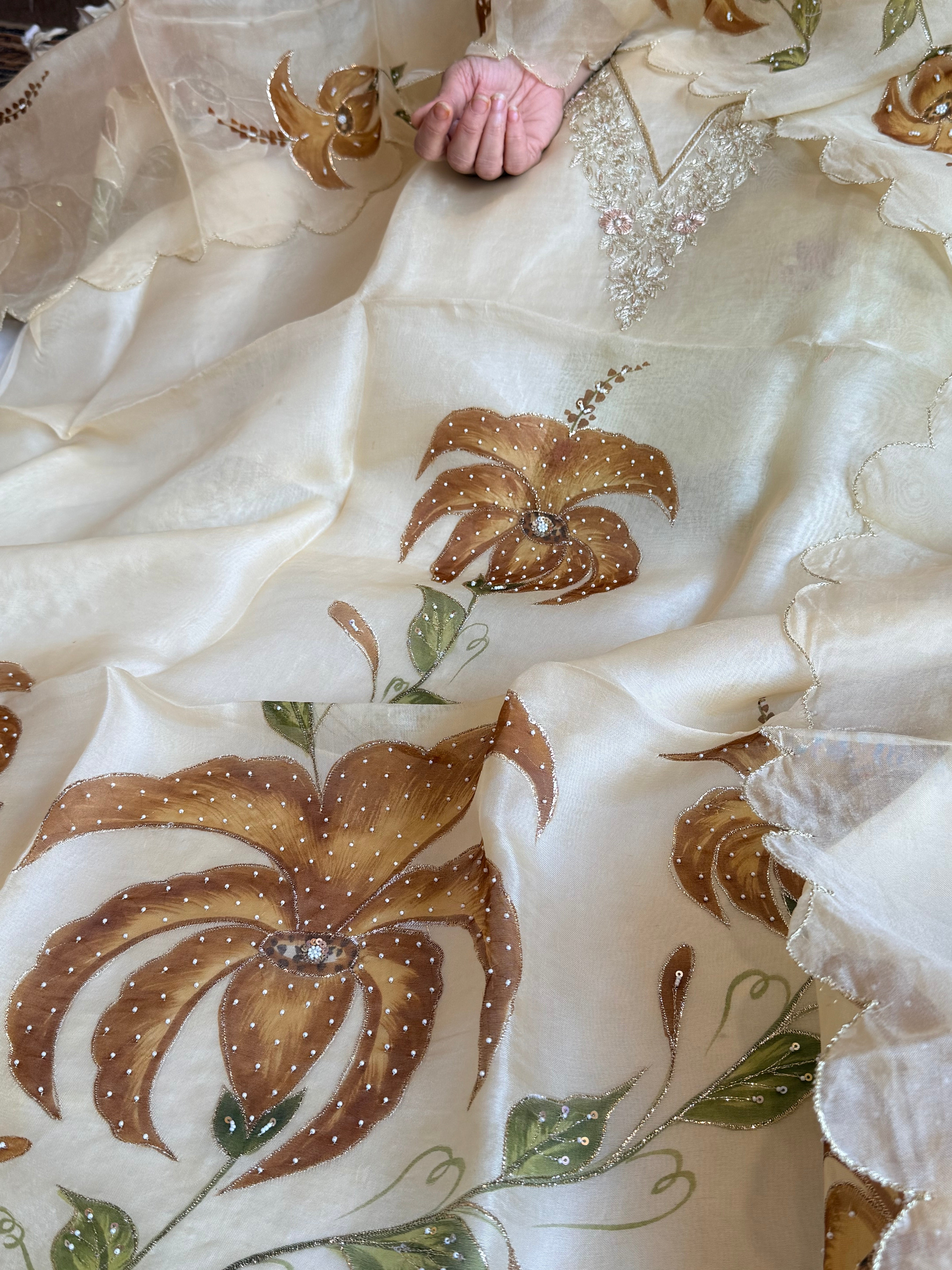 Banarasi Kora silk hand embroidered floral printed suit set
