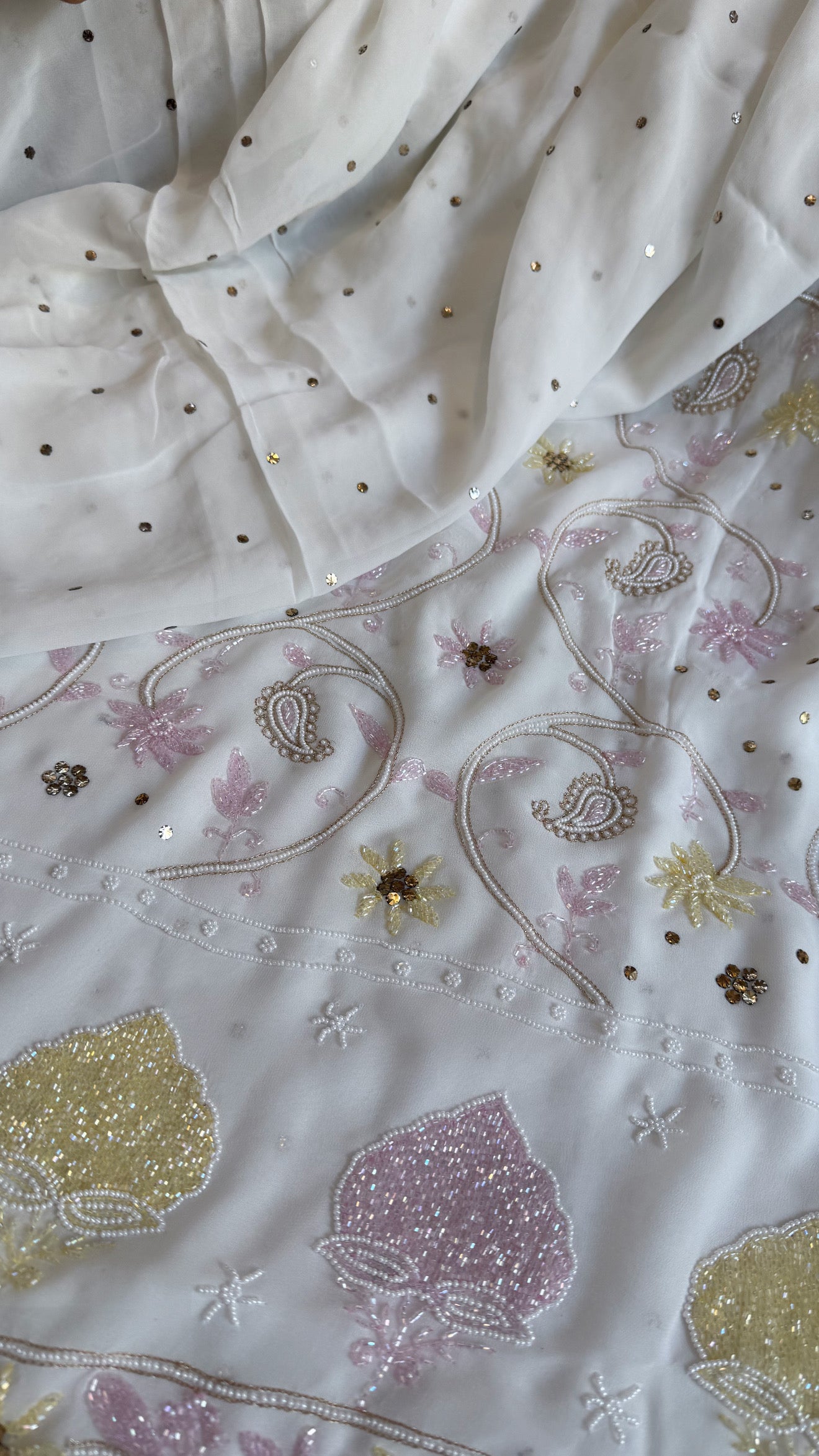 Banarasi gorgette mukaish and pearlwork hand embroidered kadhwa suit sets