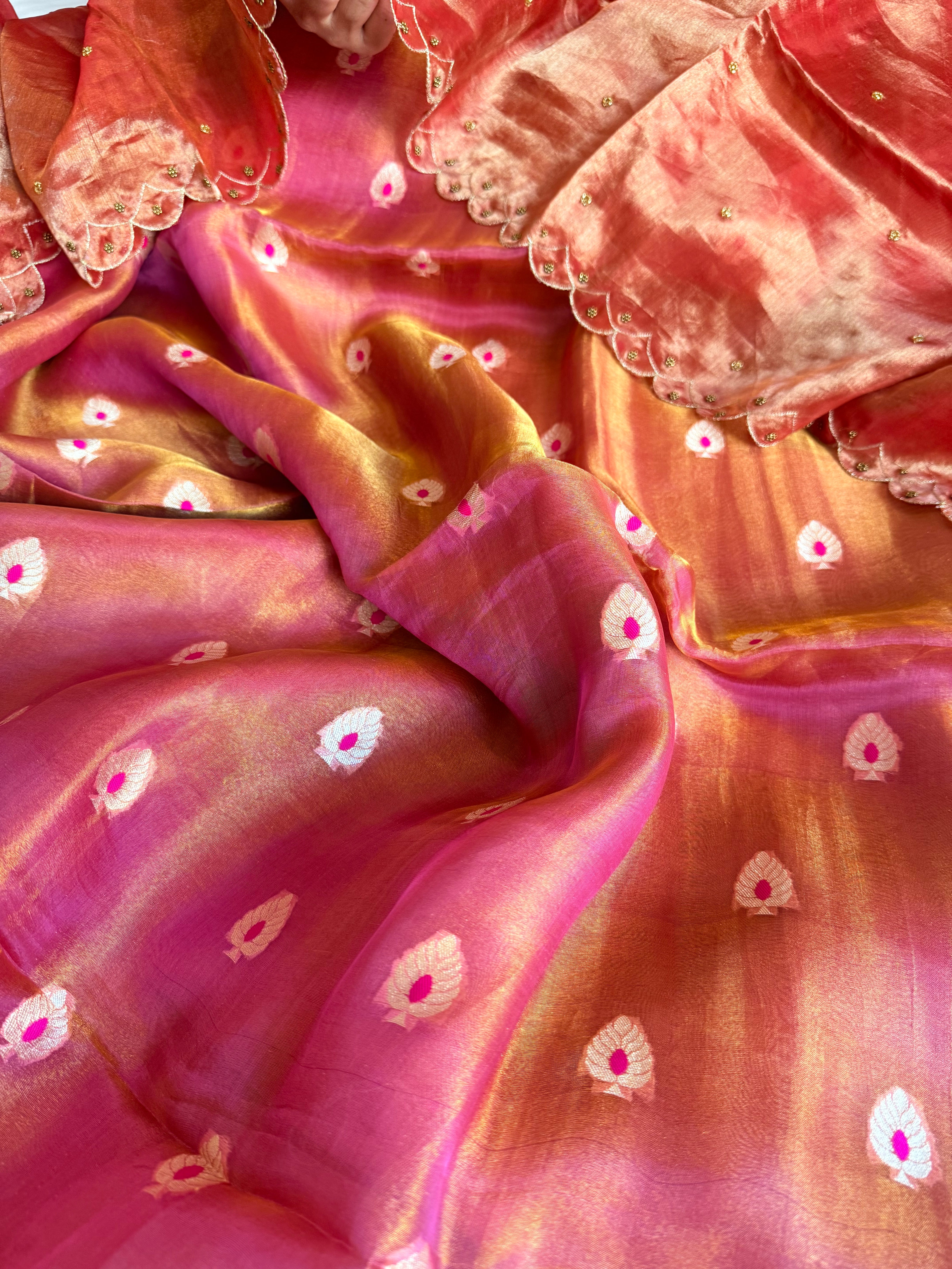 Rust pink tissue silk meenakari hand embroidered suit set