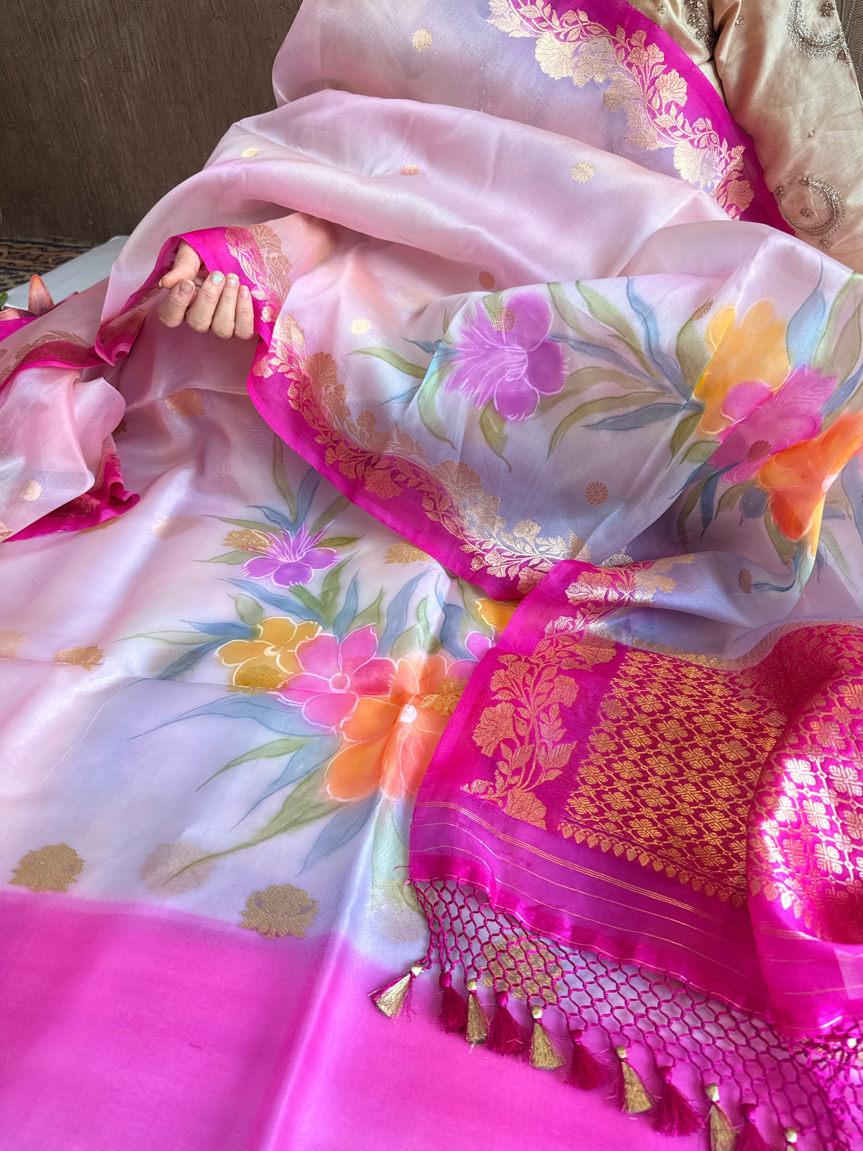 Rainbow dyed kora silk handpainted brush dyed banarasi suit sets