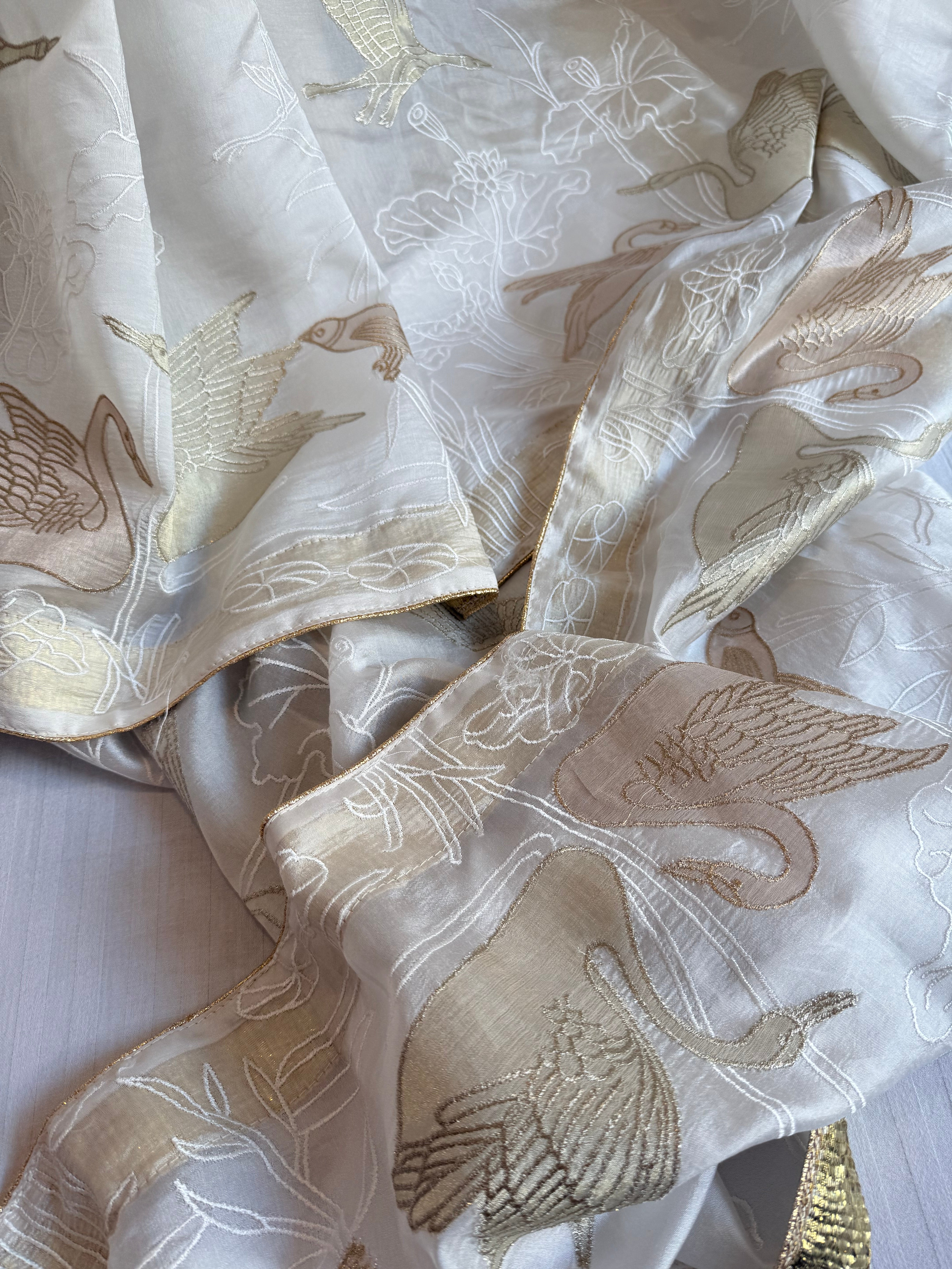 Hans wala safeed spun chiniya silk appliqué tissue hand embroidered lampiwork saree