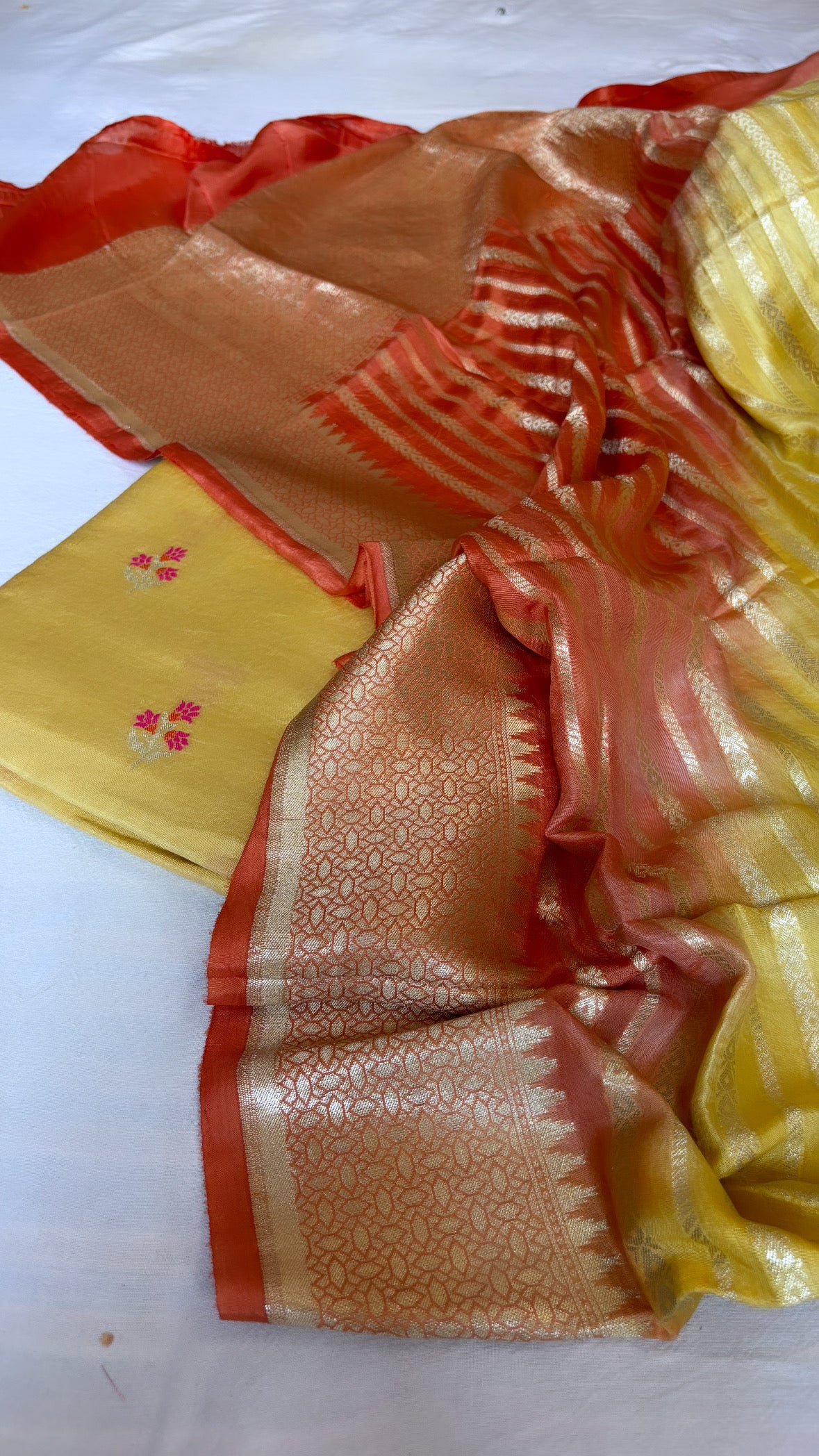 Meher sunset yellow moonga silk ombre shaded suit set
