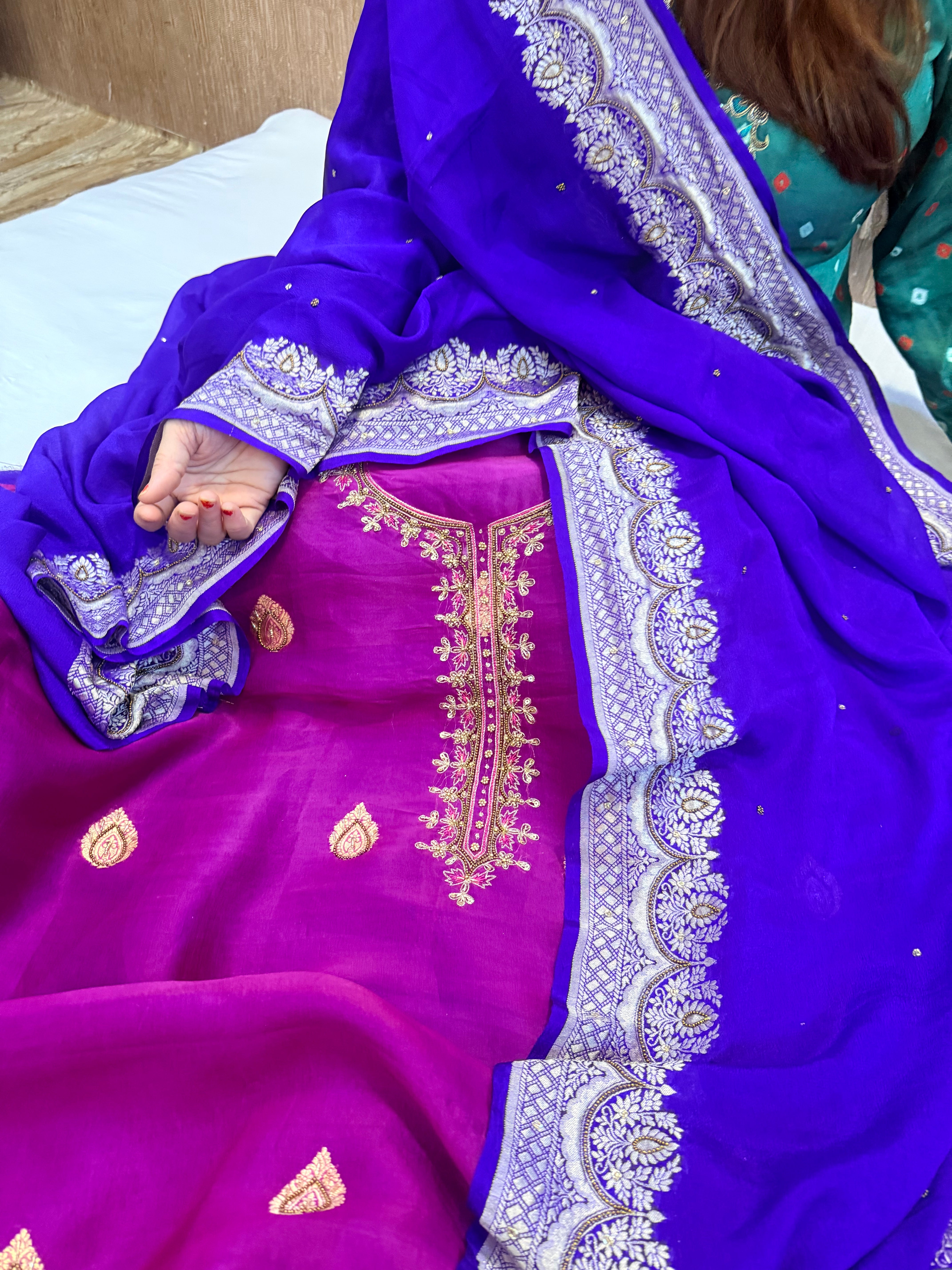 Electric purple-blue kora silk gotapatti hand embroidered suit set