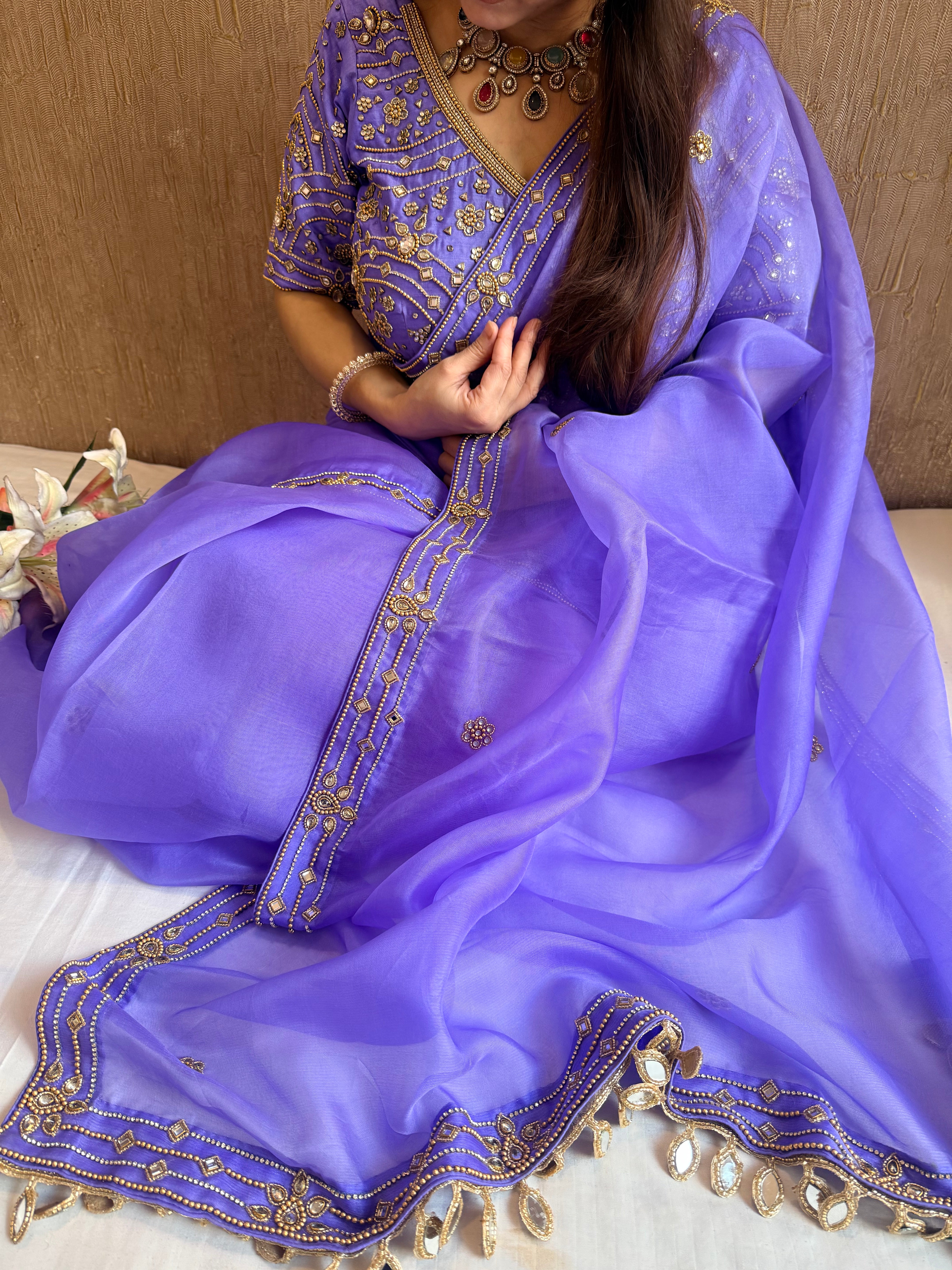 Banarasi violet kora silk polki hand embroidered kadhwa saree