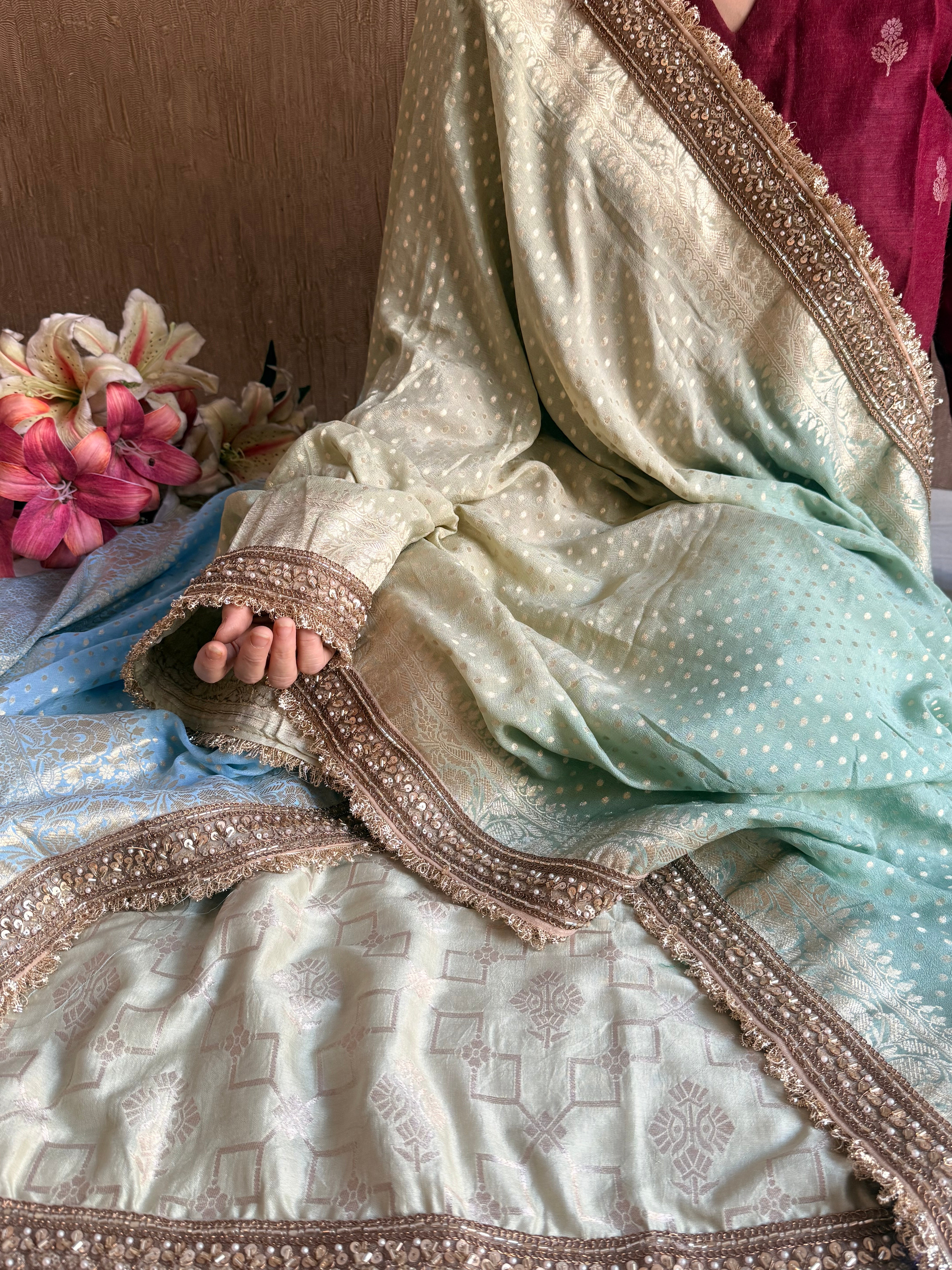 Multishaded moonga silk zardozi work hand embroidered suit sets