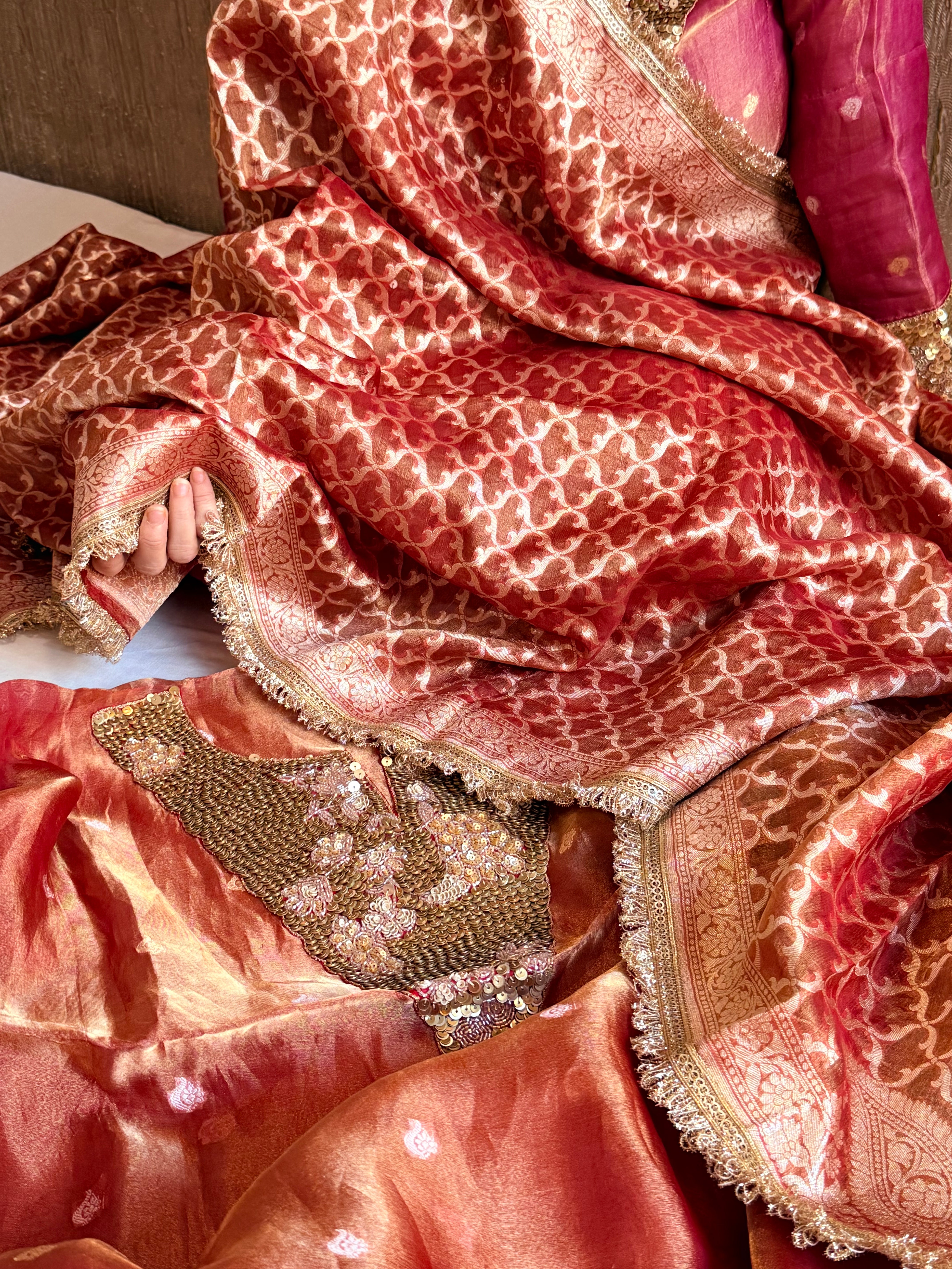 Karwachauth edit tissue silk sequins work hand embroidered suits