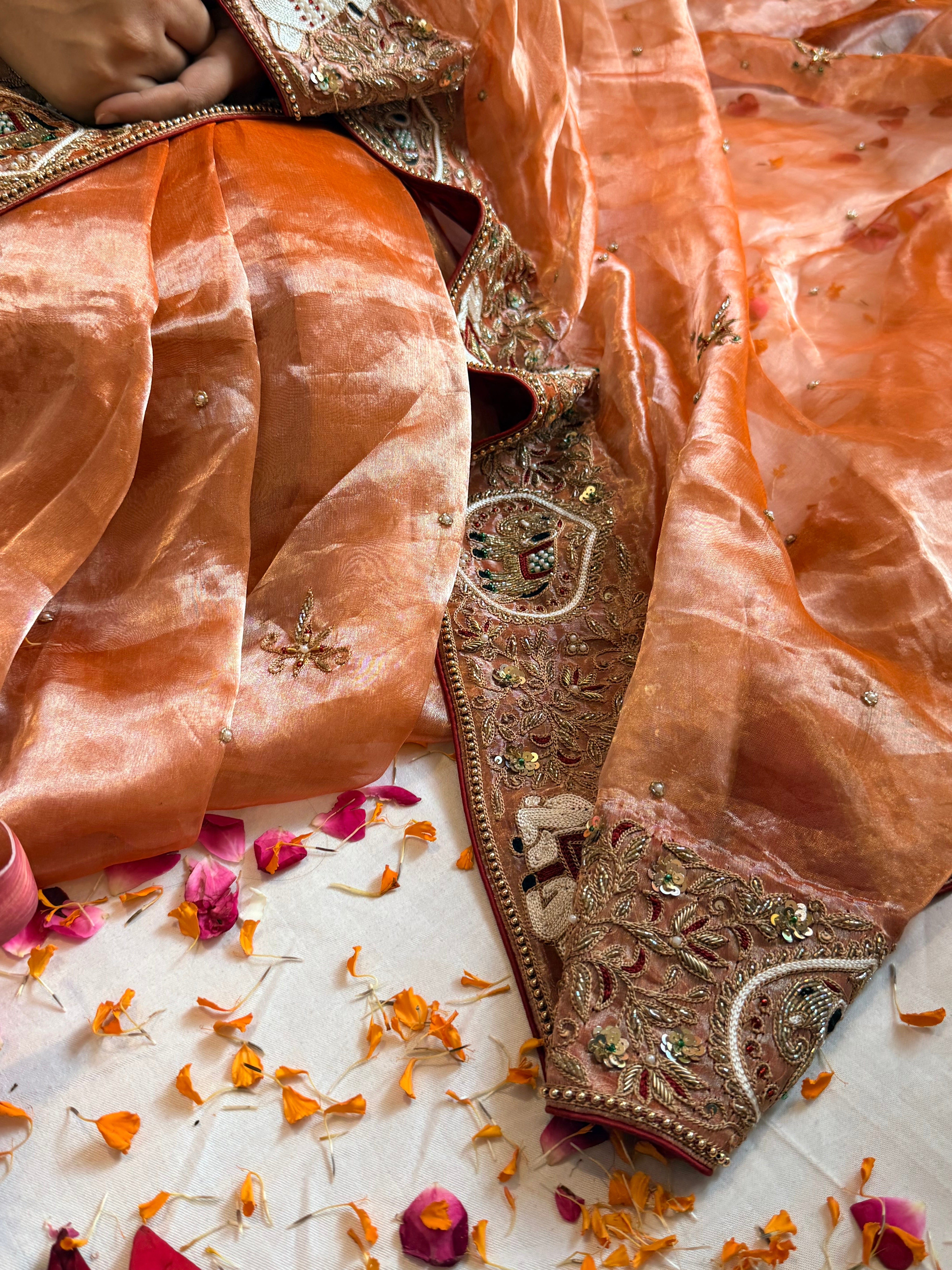 Chandramukhi edit - Fanta orange diamond tissue silk hand embroidered saree