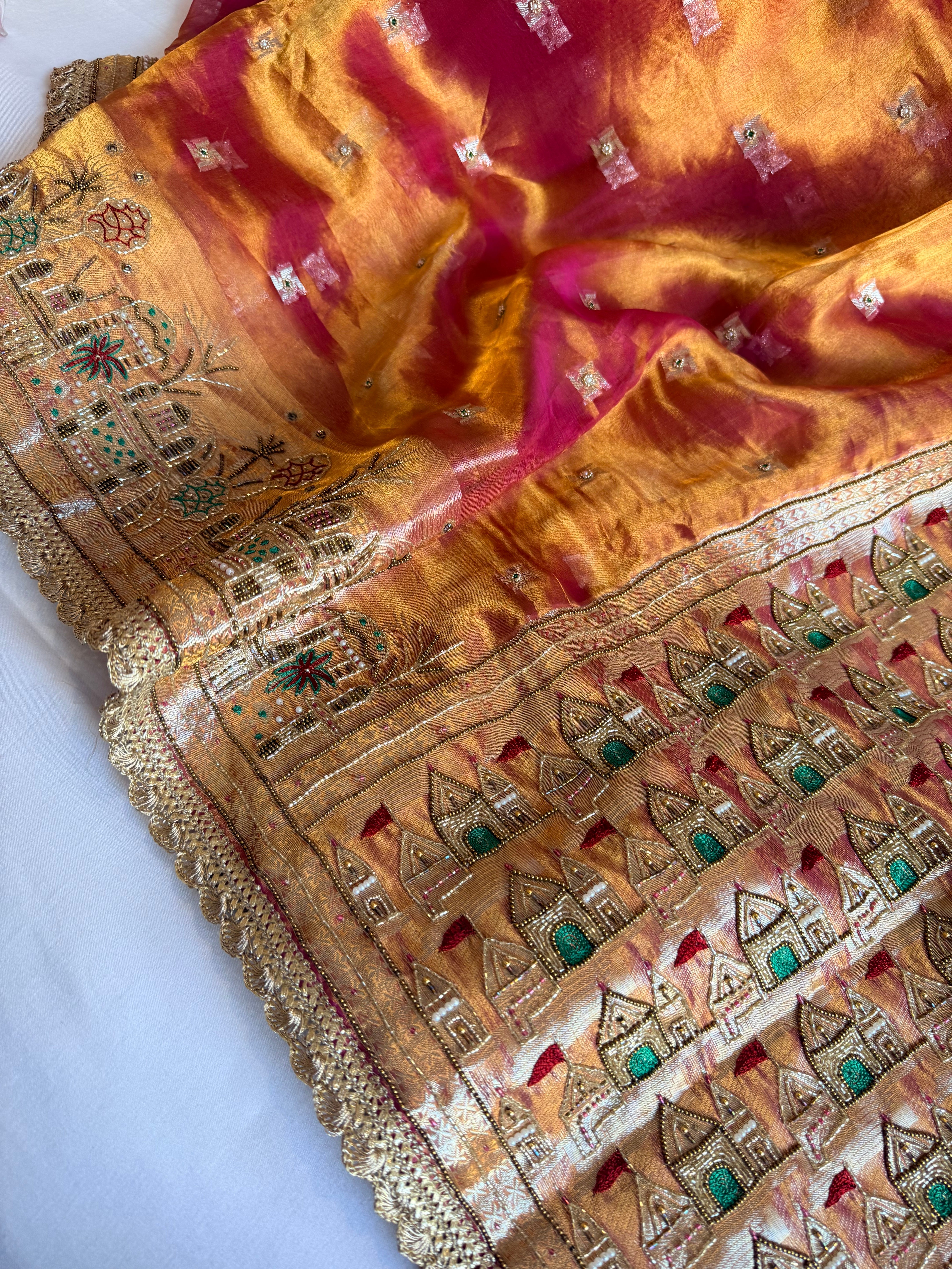 Ganga-darshan edit - Tissue silk kanjivaram pink hand embroidered kadhwa saree