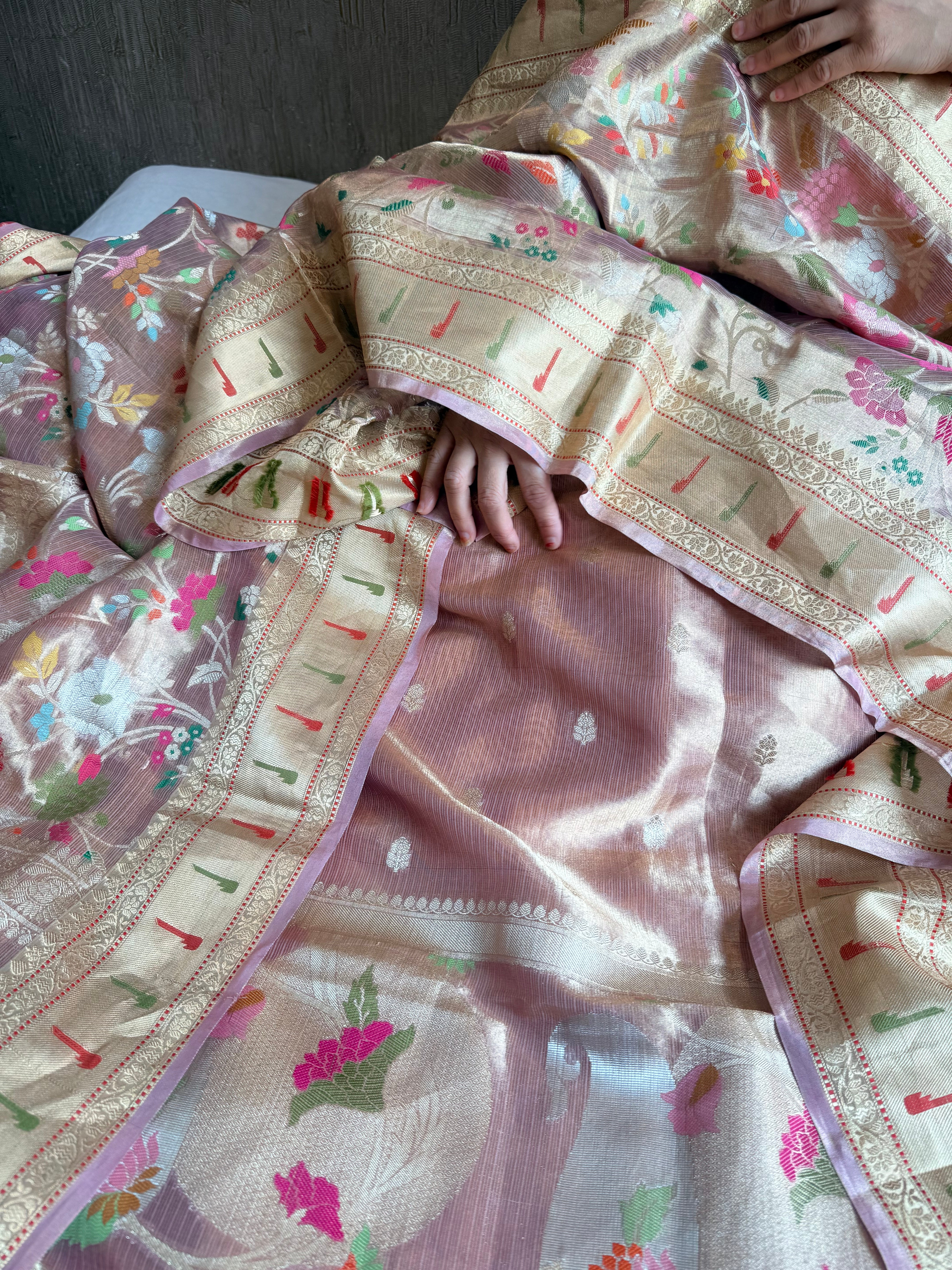 Tissue silk blush pink paithani weaving kadhwa suit set