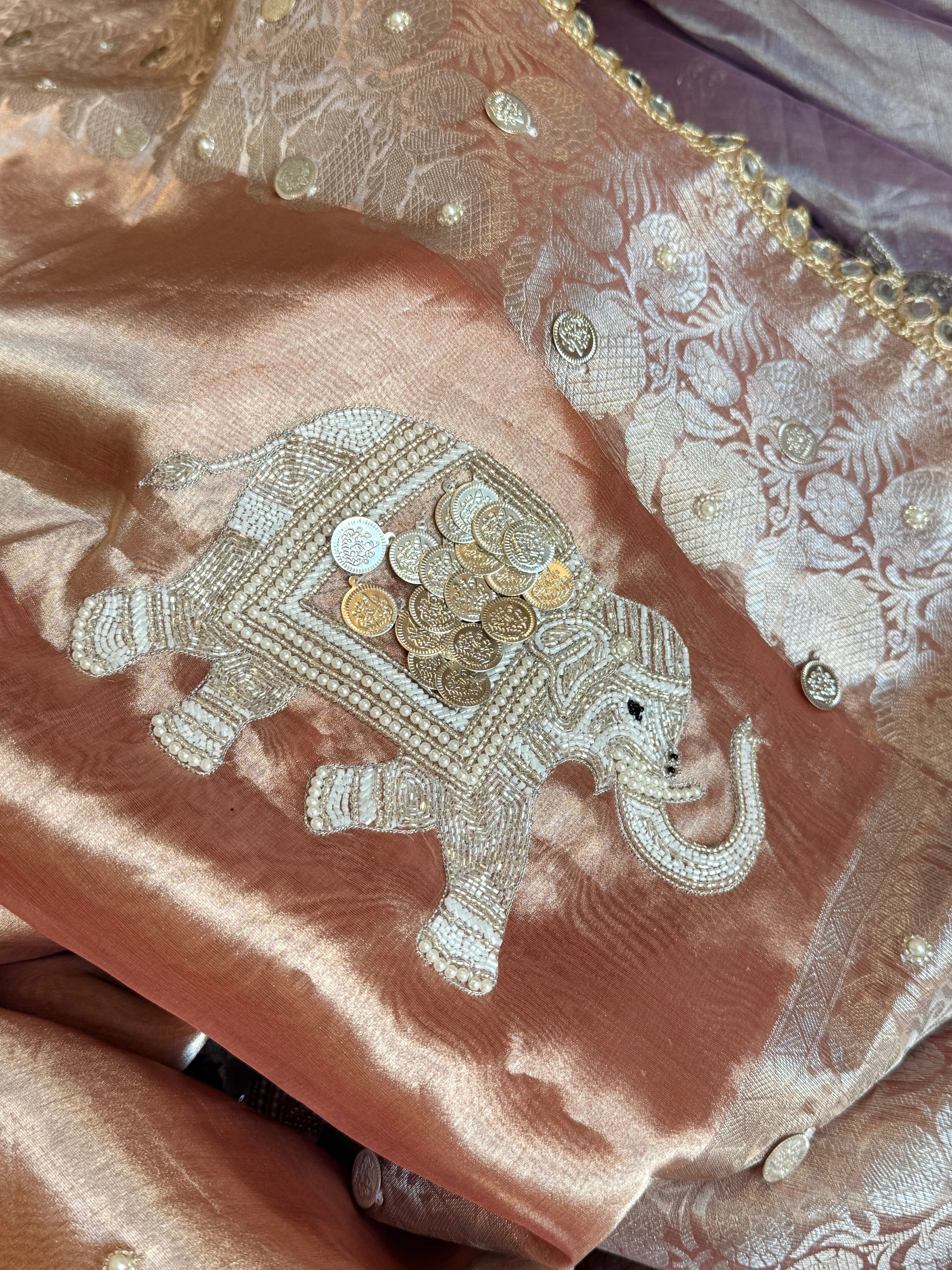Gulabi jadau edit - Blush pinkish peach tissue silk jadau work hand embroidered saree