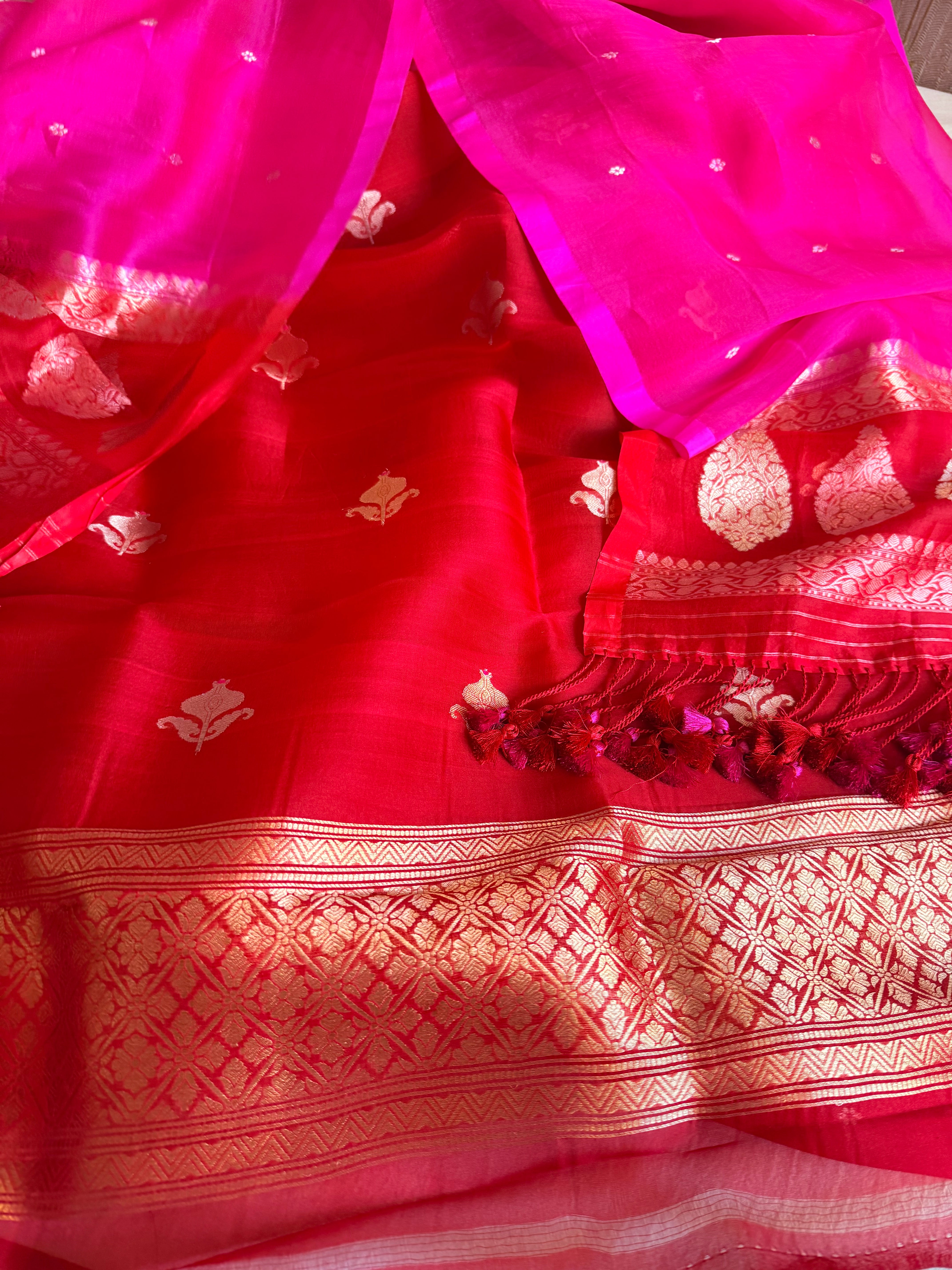 Red rani & orange shaded kora silk chal dye kadhwa banarasi suit set