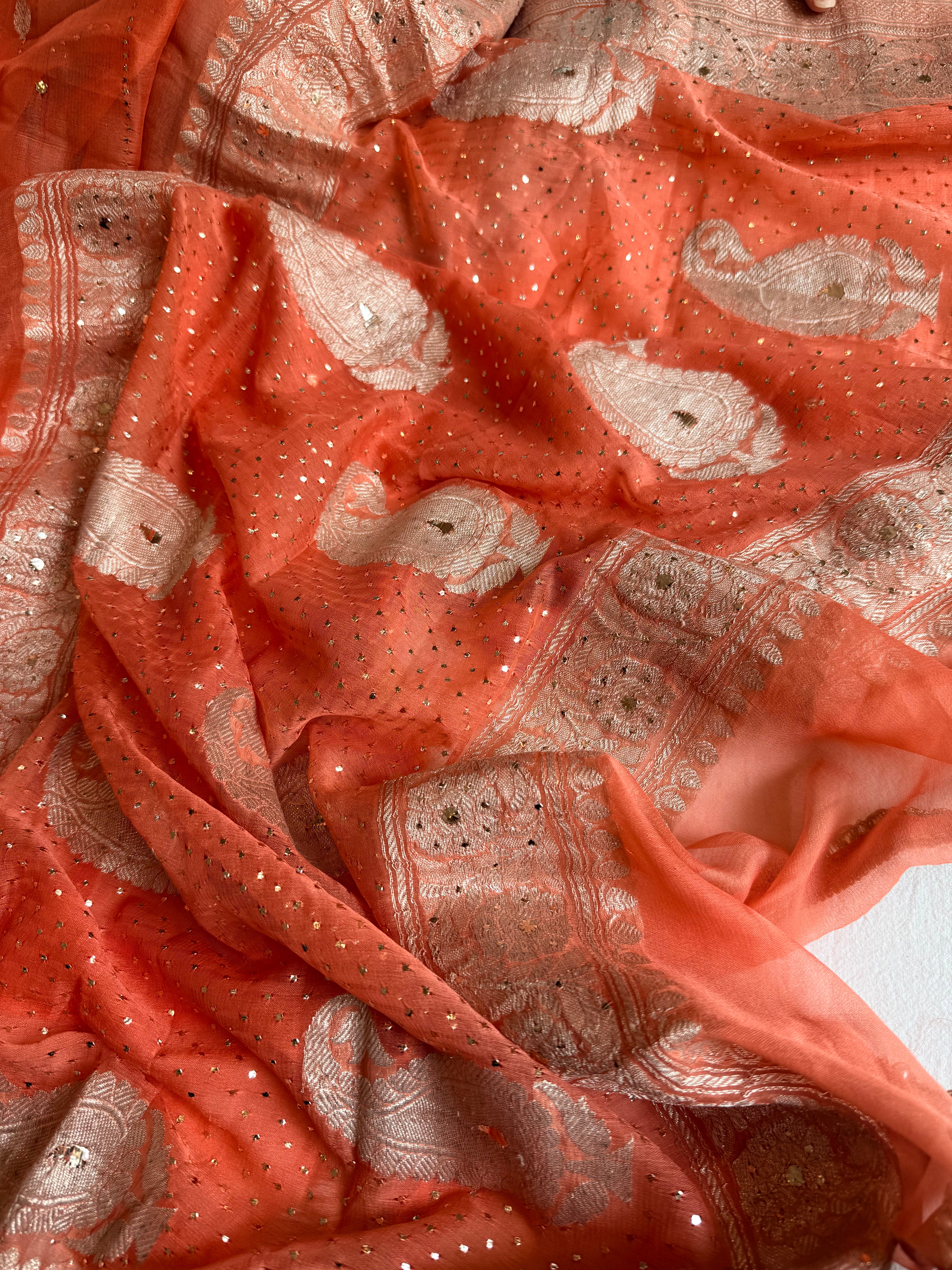 Chiffon gorgette banarasi fanta orange mukaish work hand embroidered saree