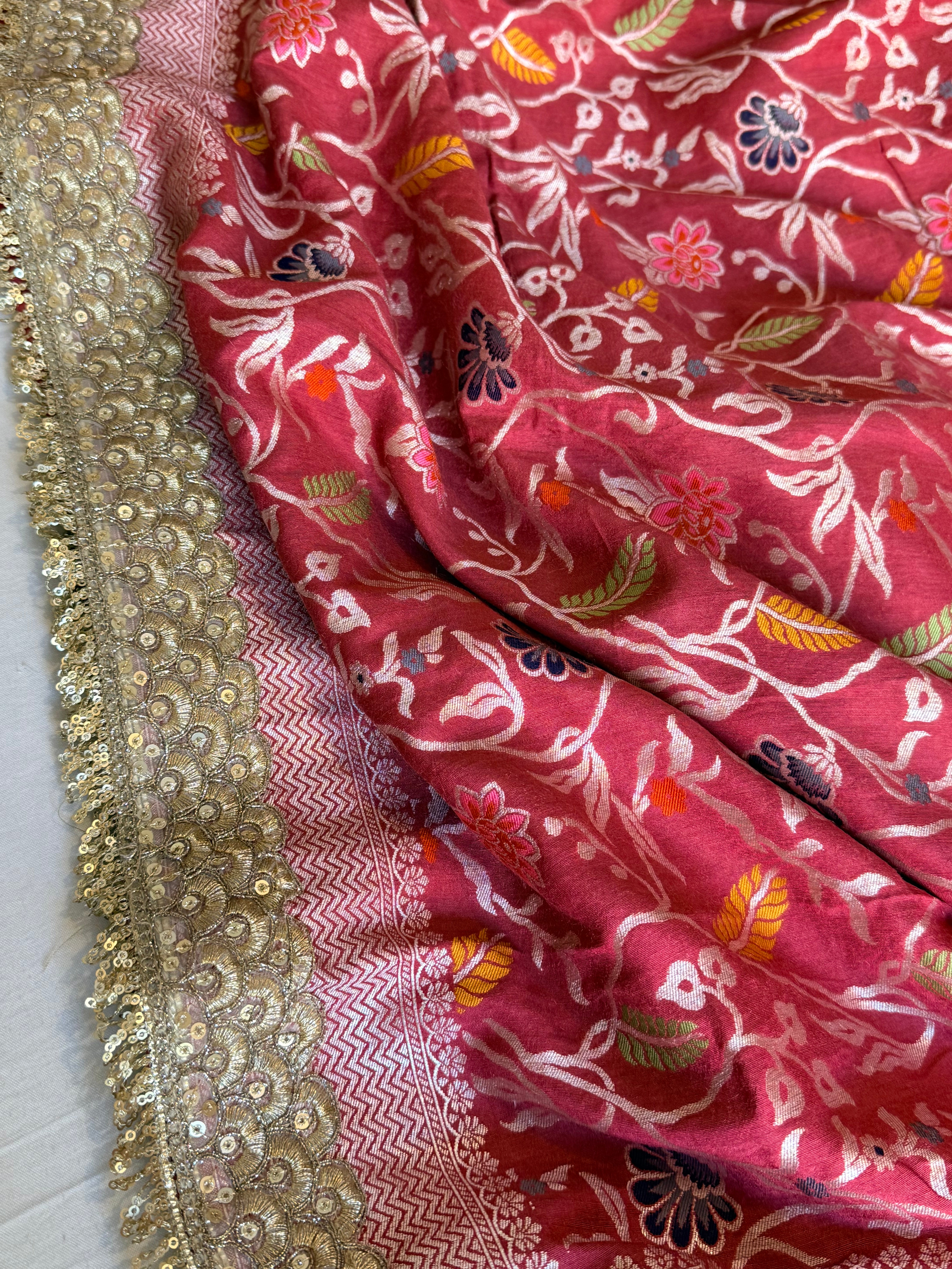 Blood red moonga silk kadhwa jaal meenakari gotapatti saree