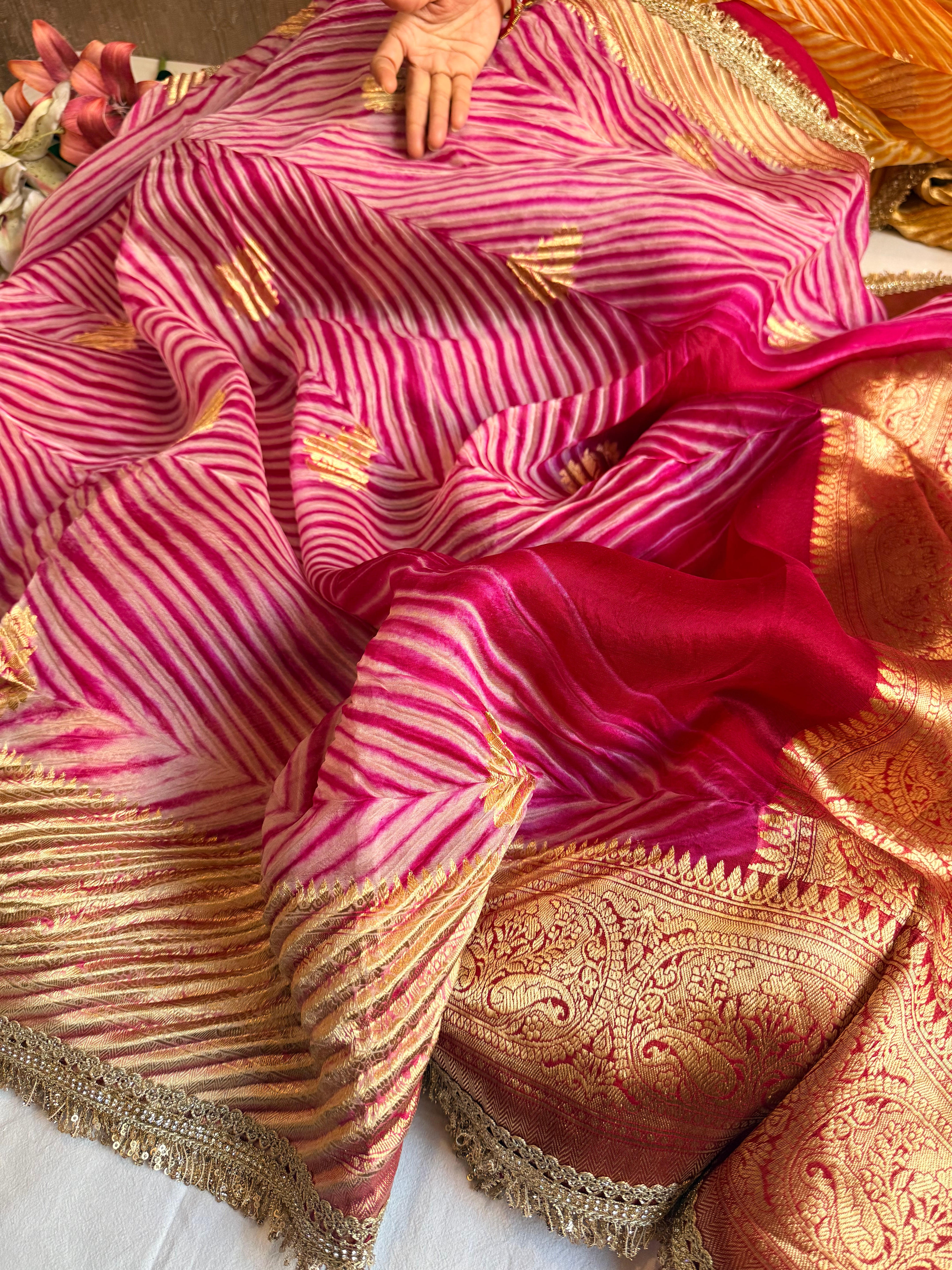 Hot pink banarasi kora silk arshi dyed kadhwa saree