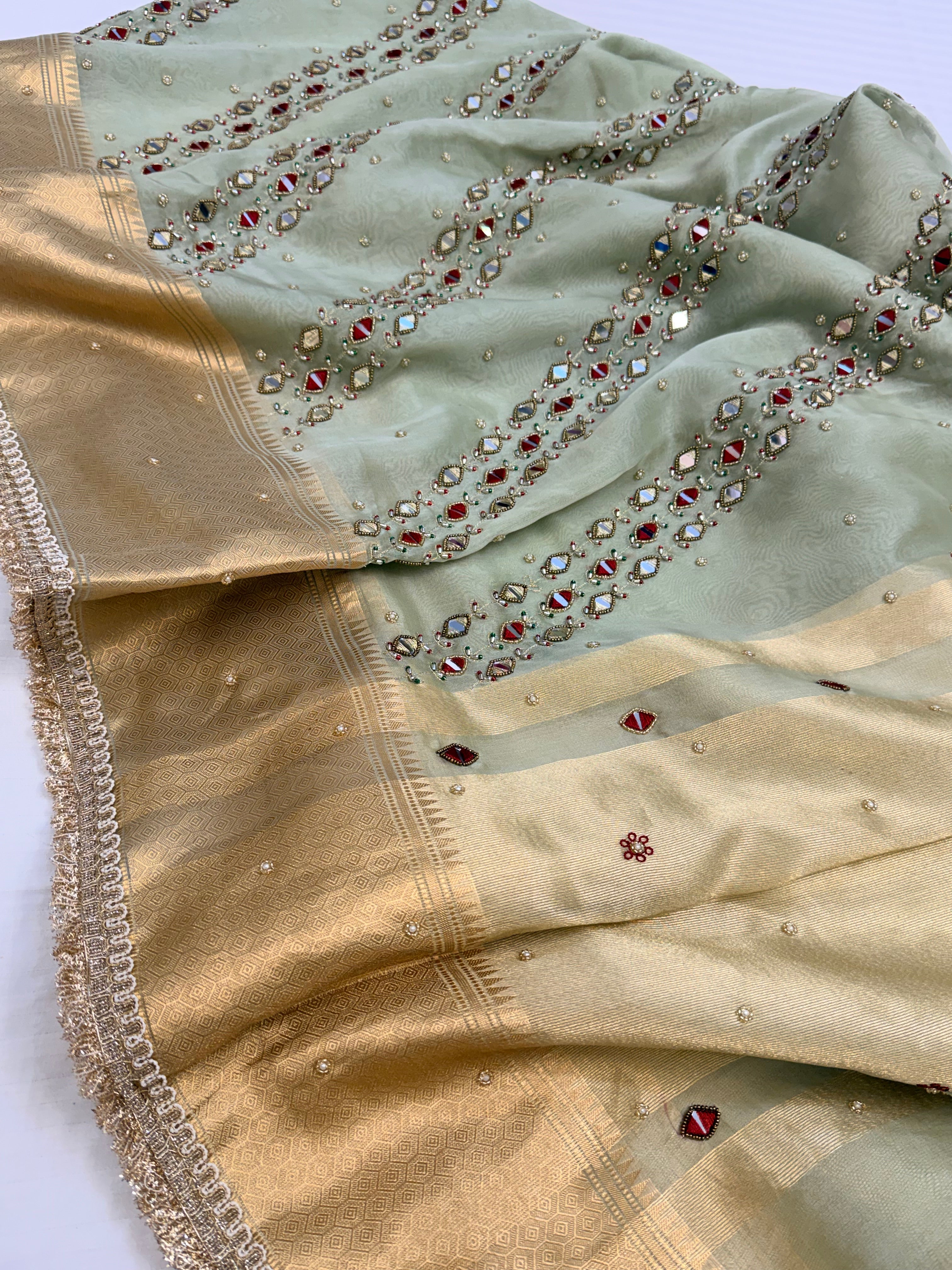 Mint green kora silk banarasi hand embroidered kadhwa saree