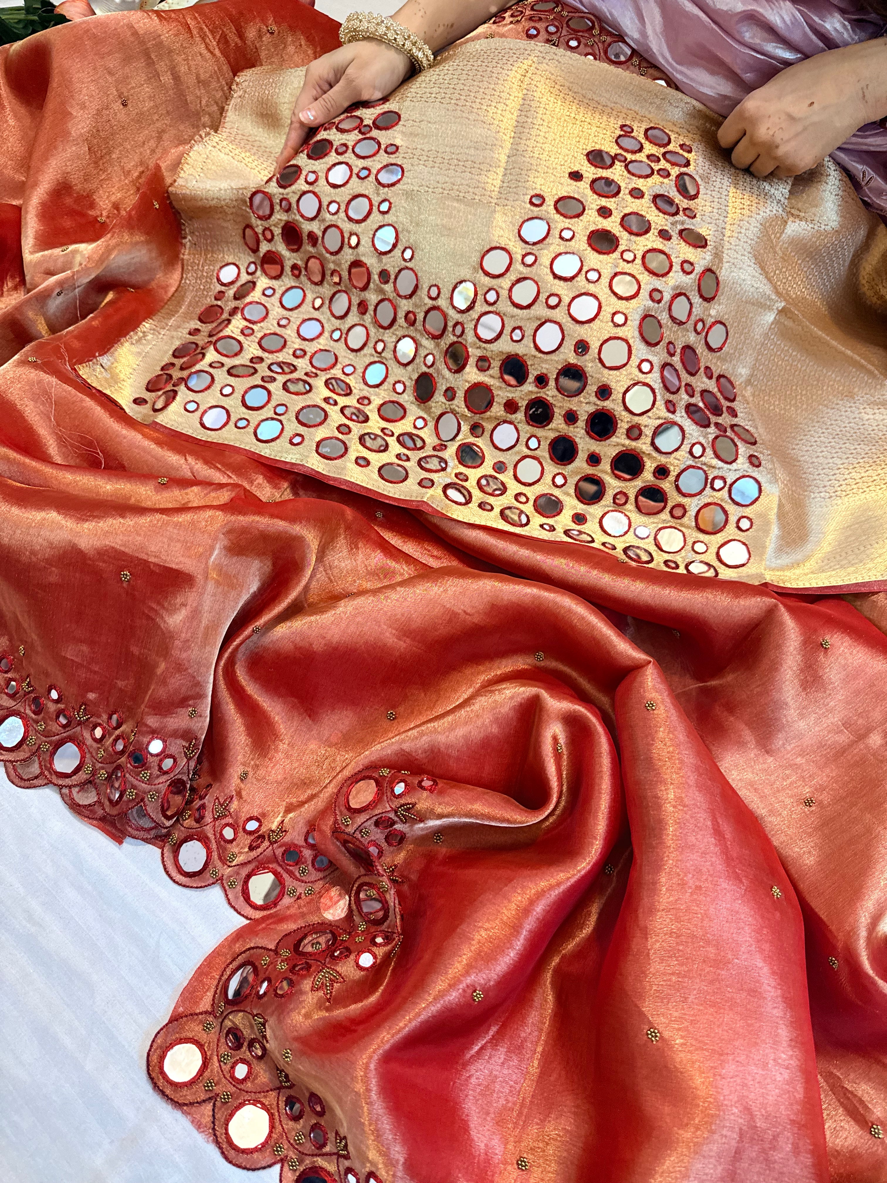 Sheeshe wali hot red tissue silk mirrorwork hand embroidered banarasi saree