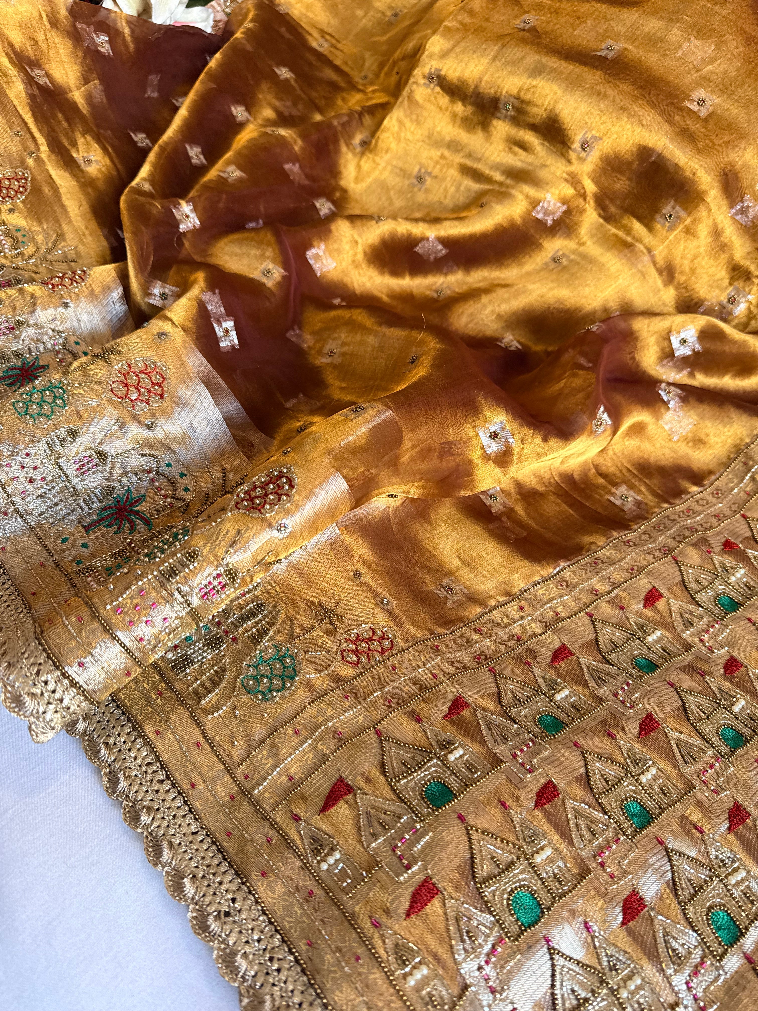 Ganga-darshan edit - Tissue silk kanjivaram bronze gold hand embroidered kadhwa saree