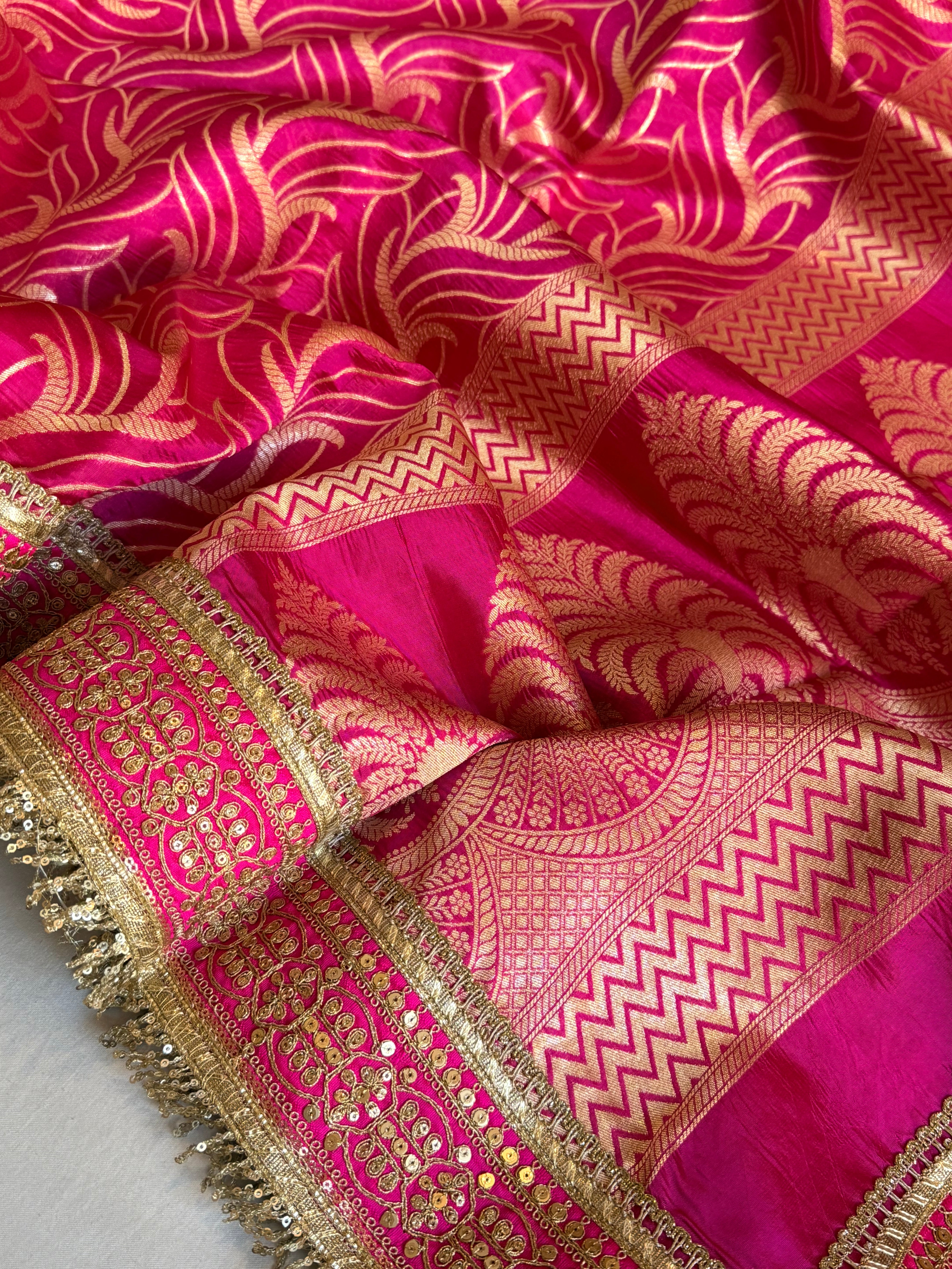 Hot pink raw mango silk abstract weaving kadhwa saree