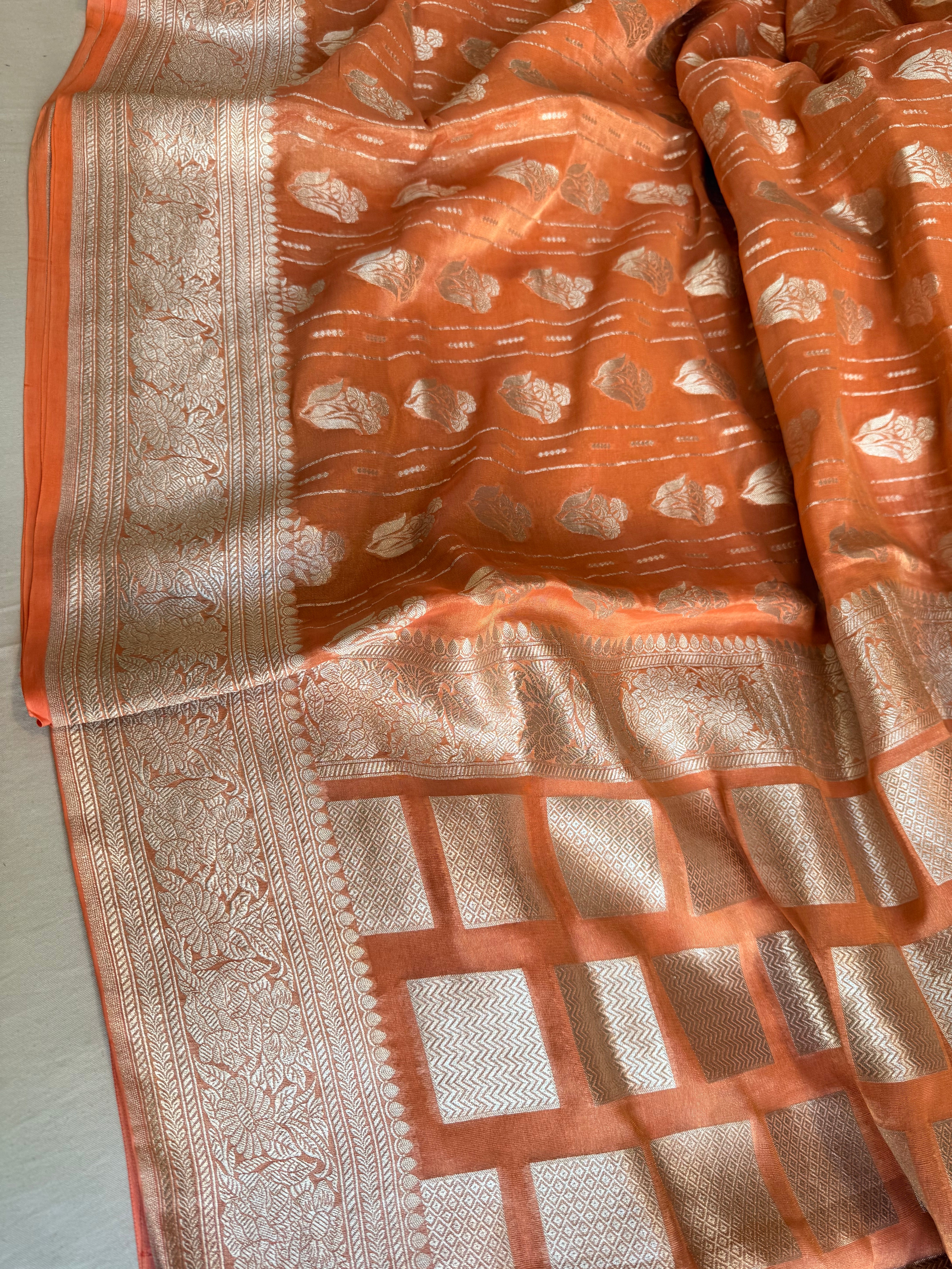Chiffon soft orange tissue gorgette kadhwa weaving saree