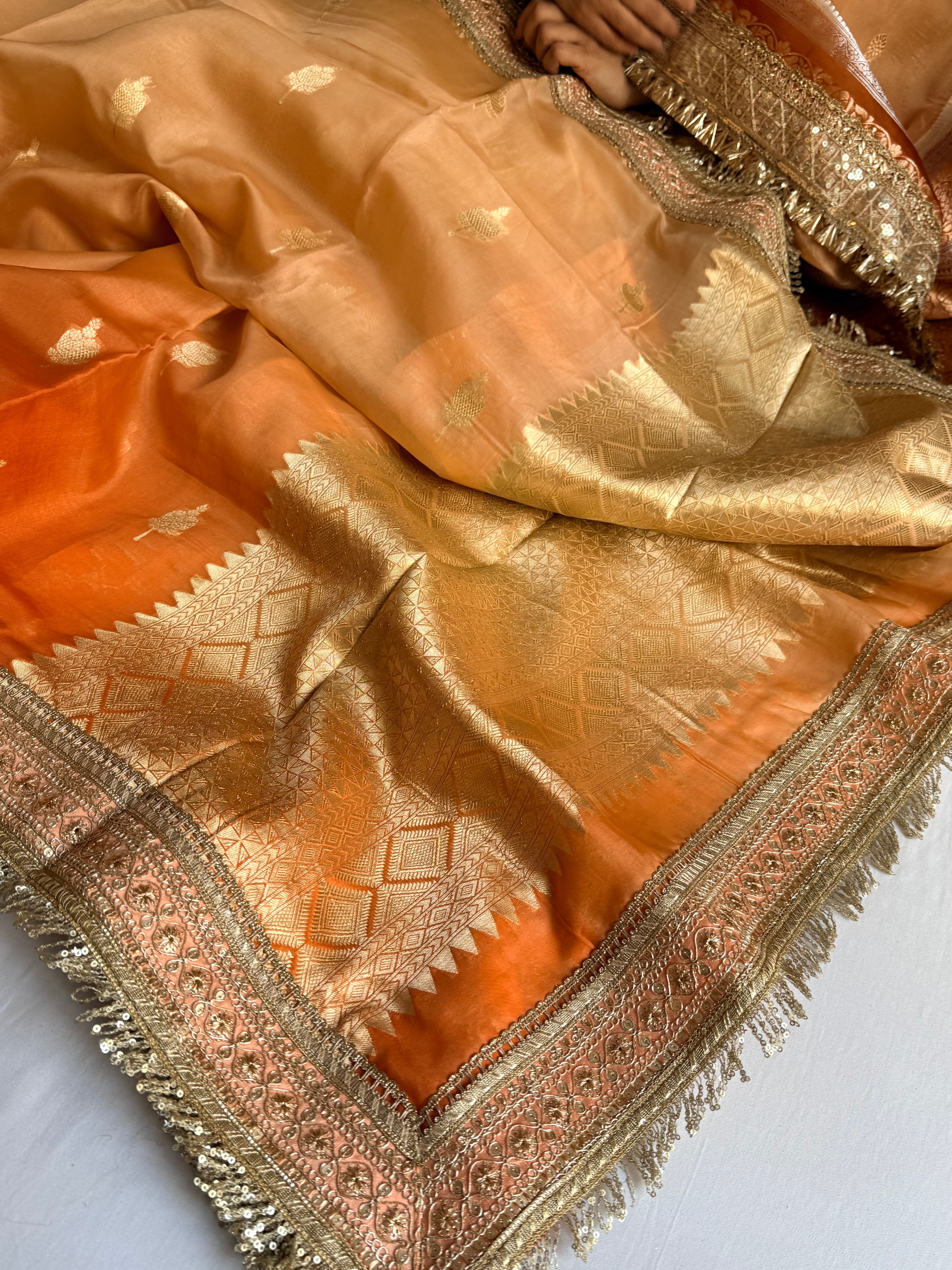 Banarasi leela ombre orange kora silk kadhwa saree