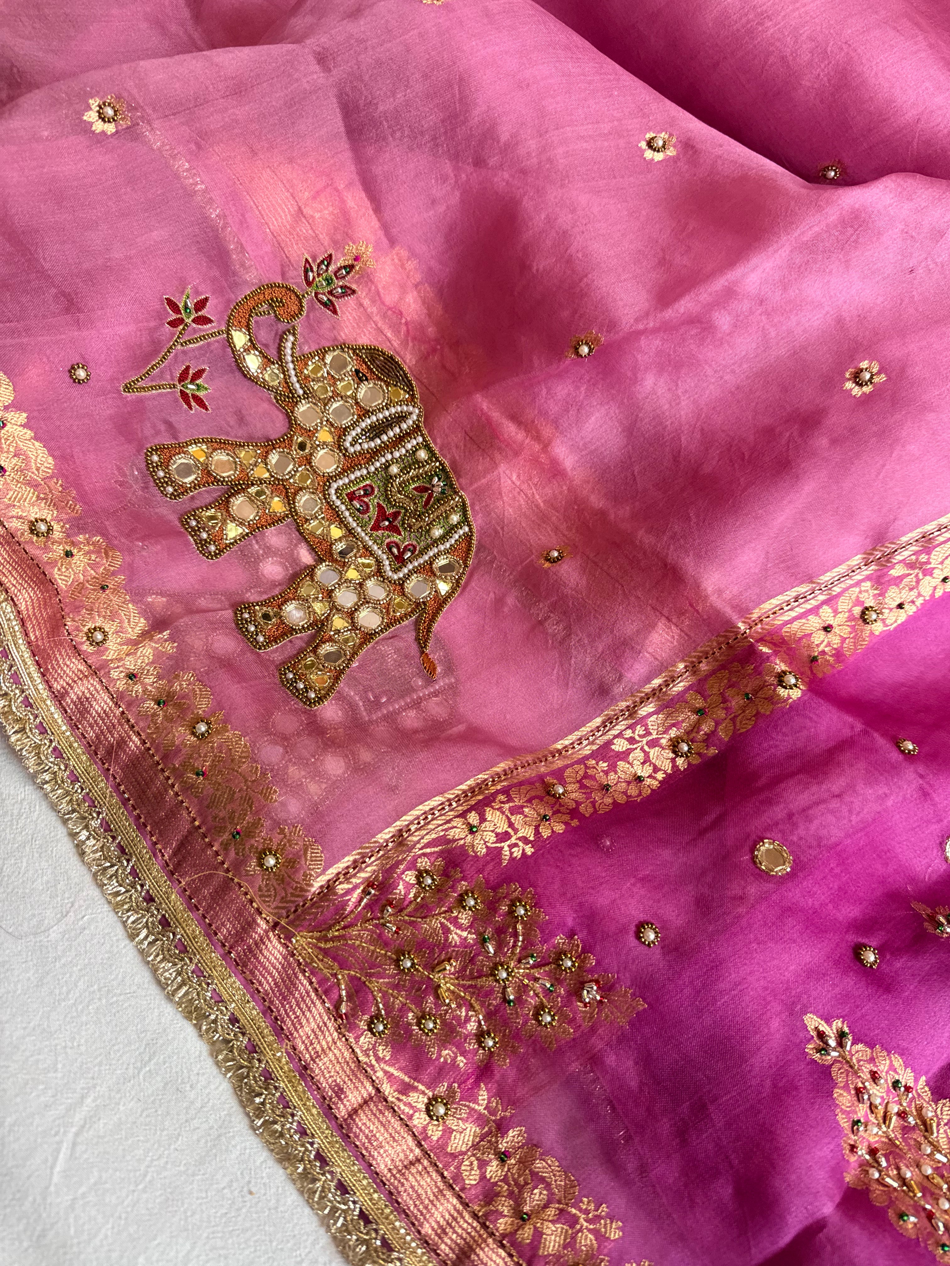Tyohaar edit - Chap dye kora silk elephant motif hand embroidered saree