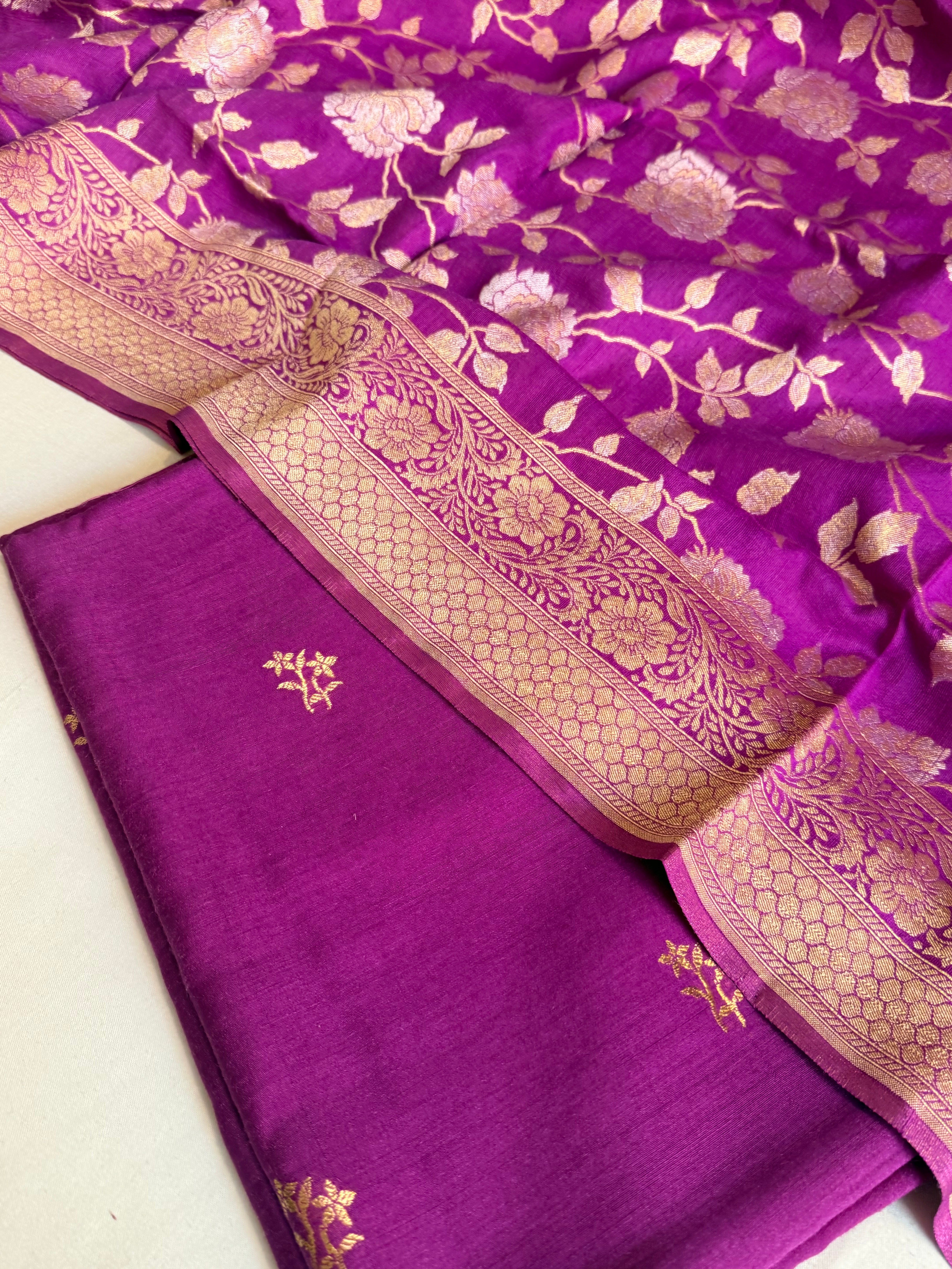 Moonga silk bright purple kadhwa buti jungla duppata suit set