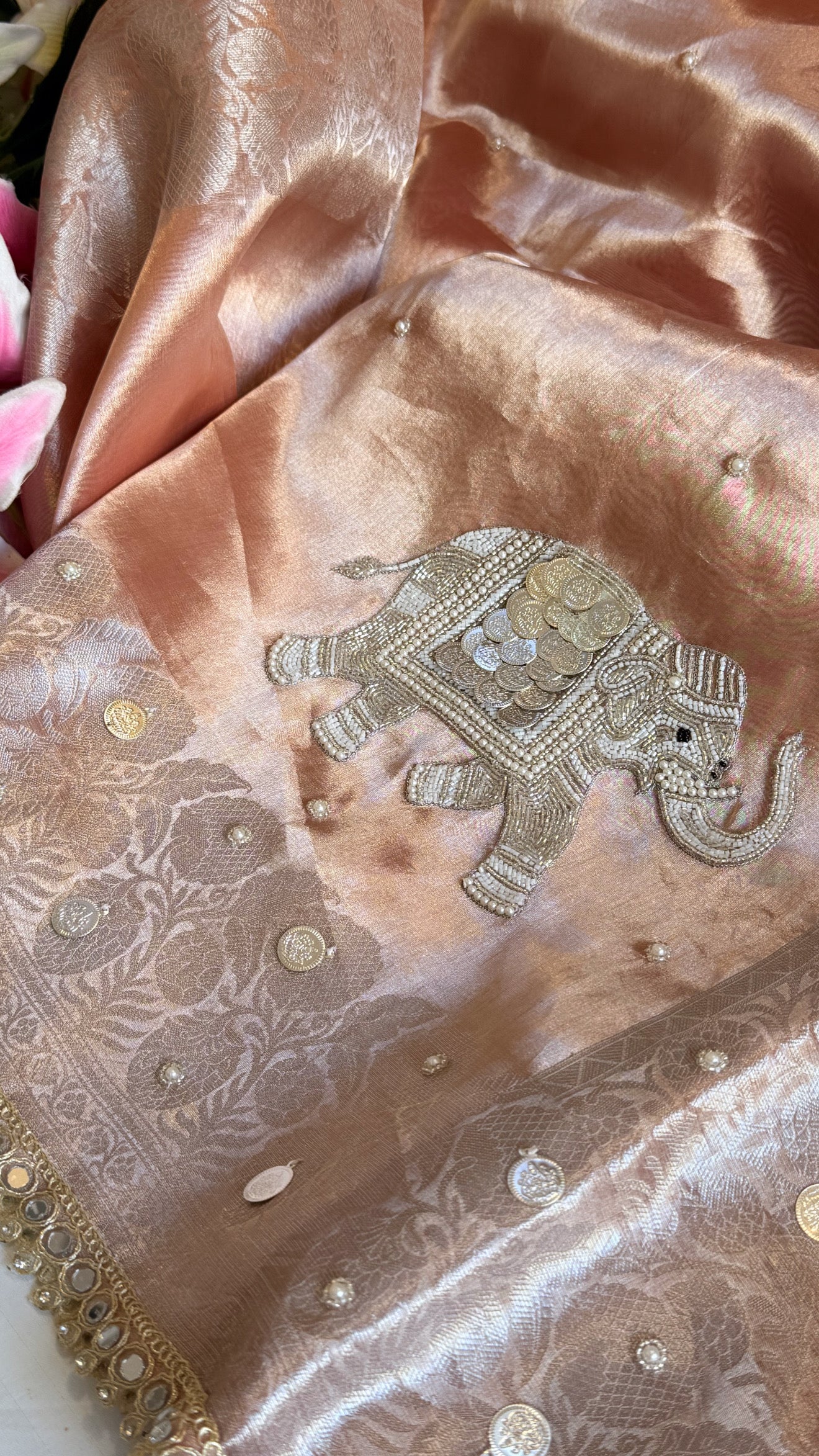 Gulabi jadau edit - Blush pinkish peach tissue silk jadau work hand embroidered saree
