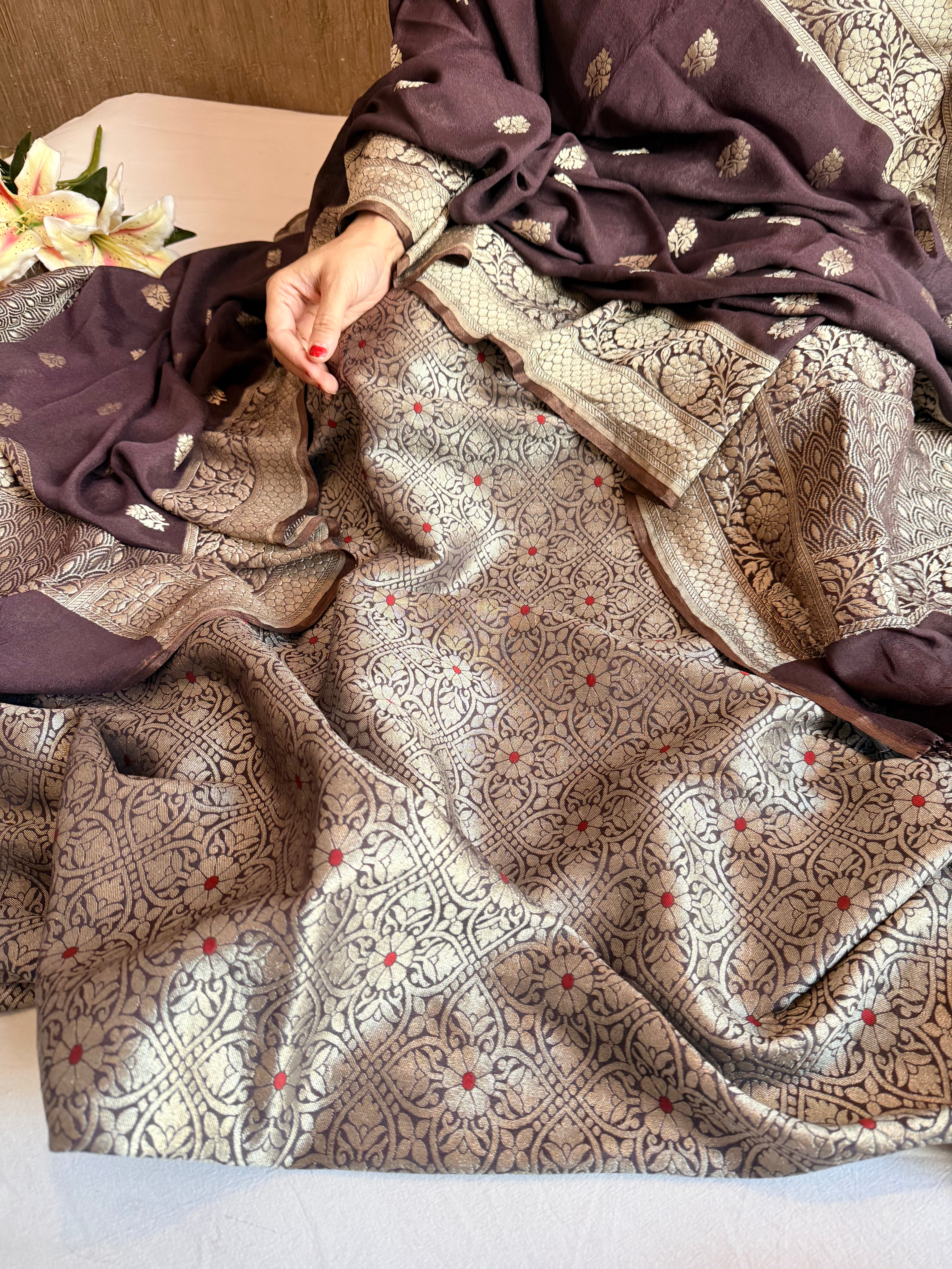Chocolate brown moonga brocade ambose meenakari suit set