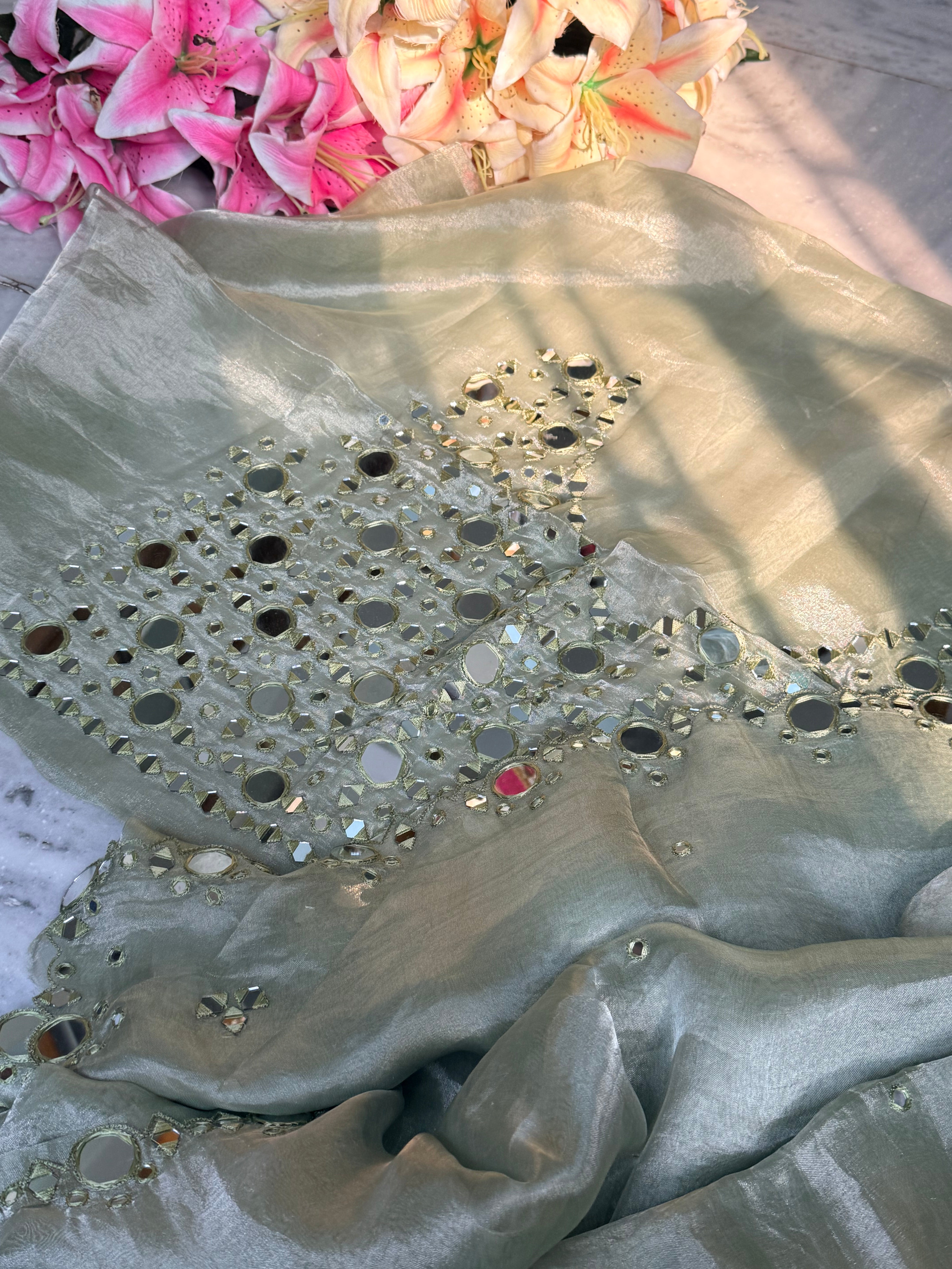Sheesha wali saree - Mint green tissue silk mirror work hand embroidered saree