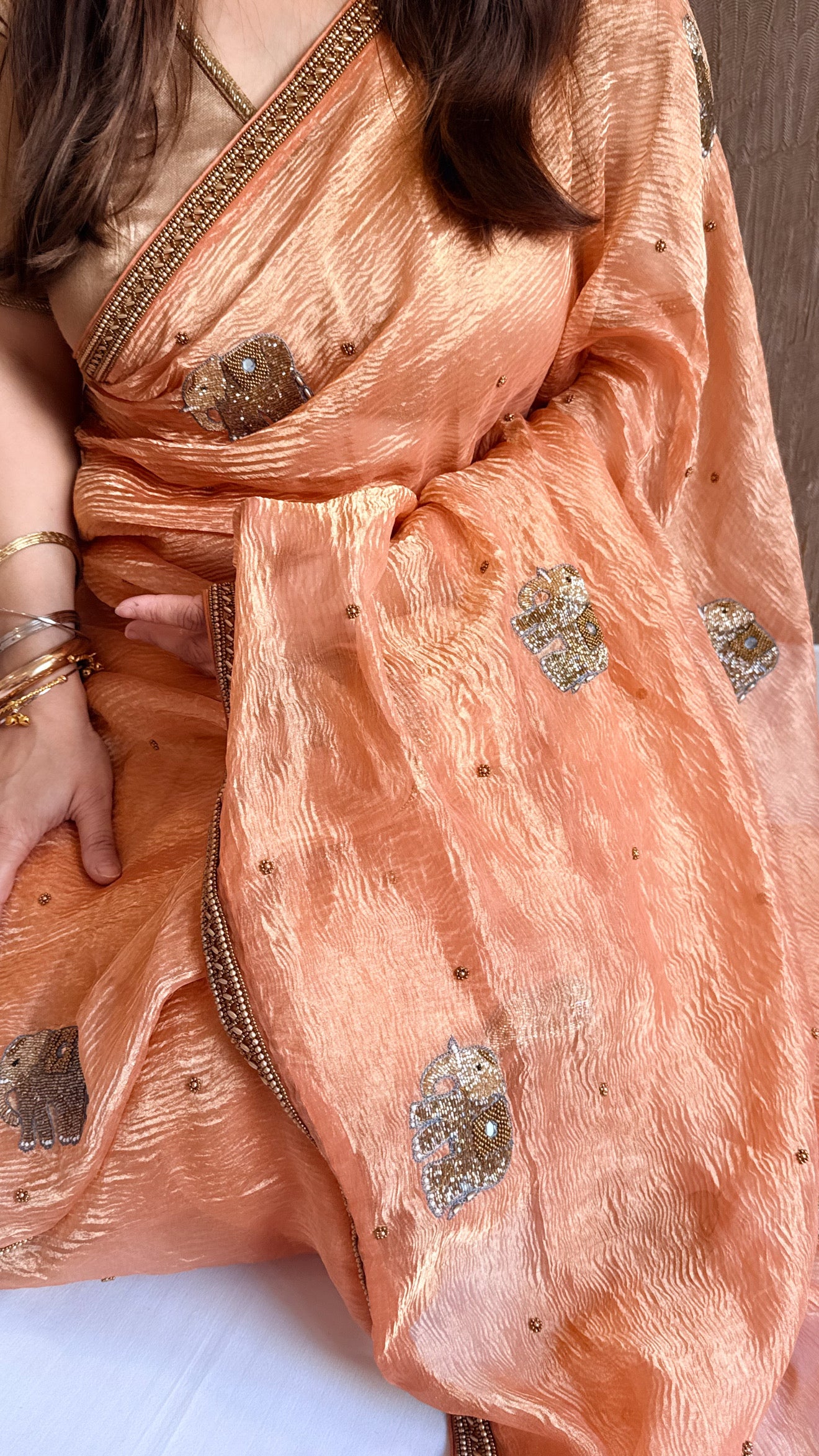 Mirrorwork edit gajri peach crushed tissue silk hand embroidered saree